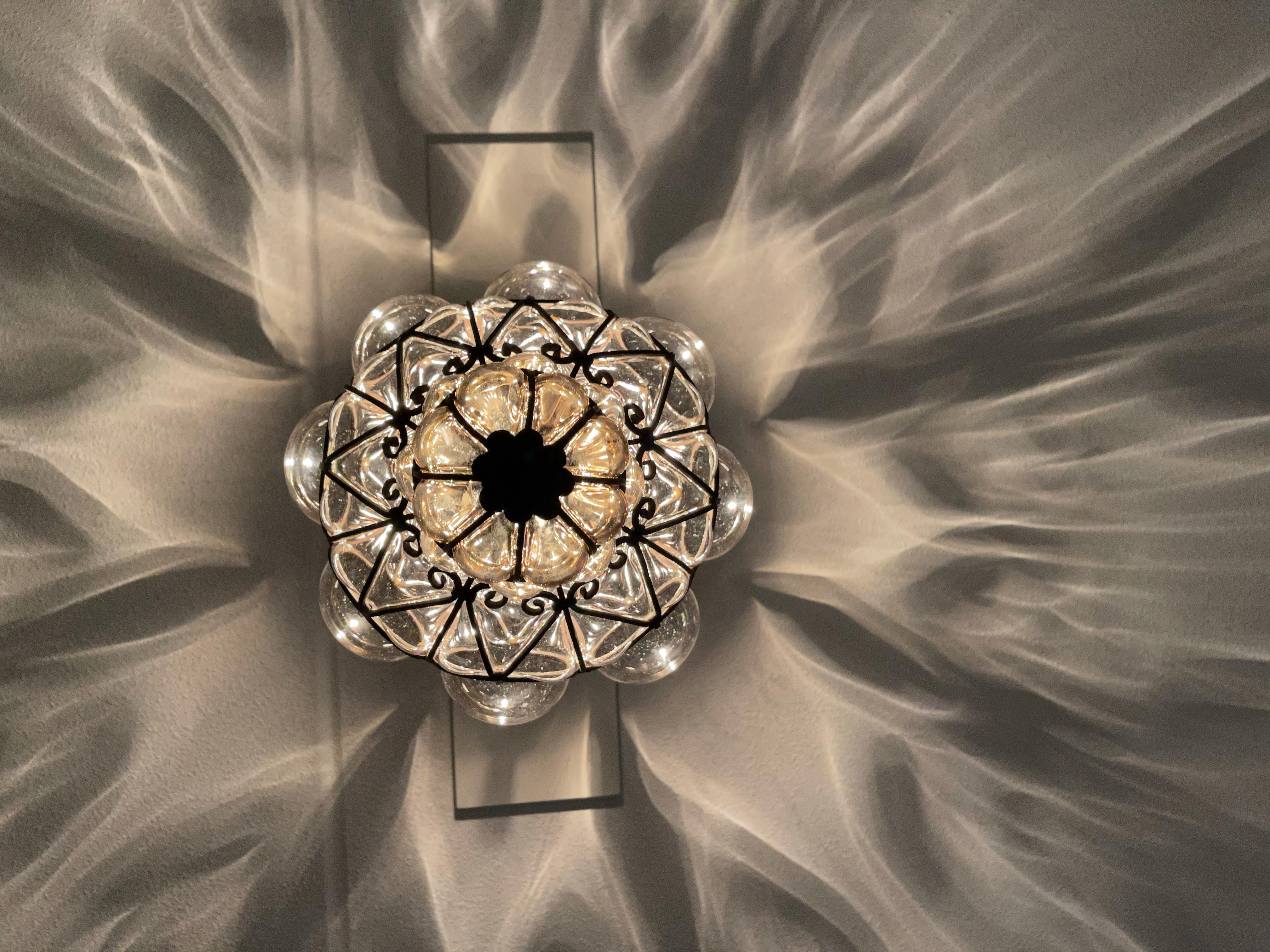 Victorian Fine Antique Venetian Mouth Blown Glass Art in Wrought Iron Frame Pendant Light