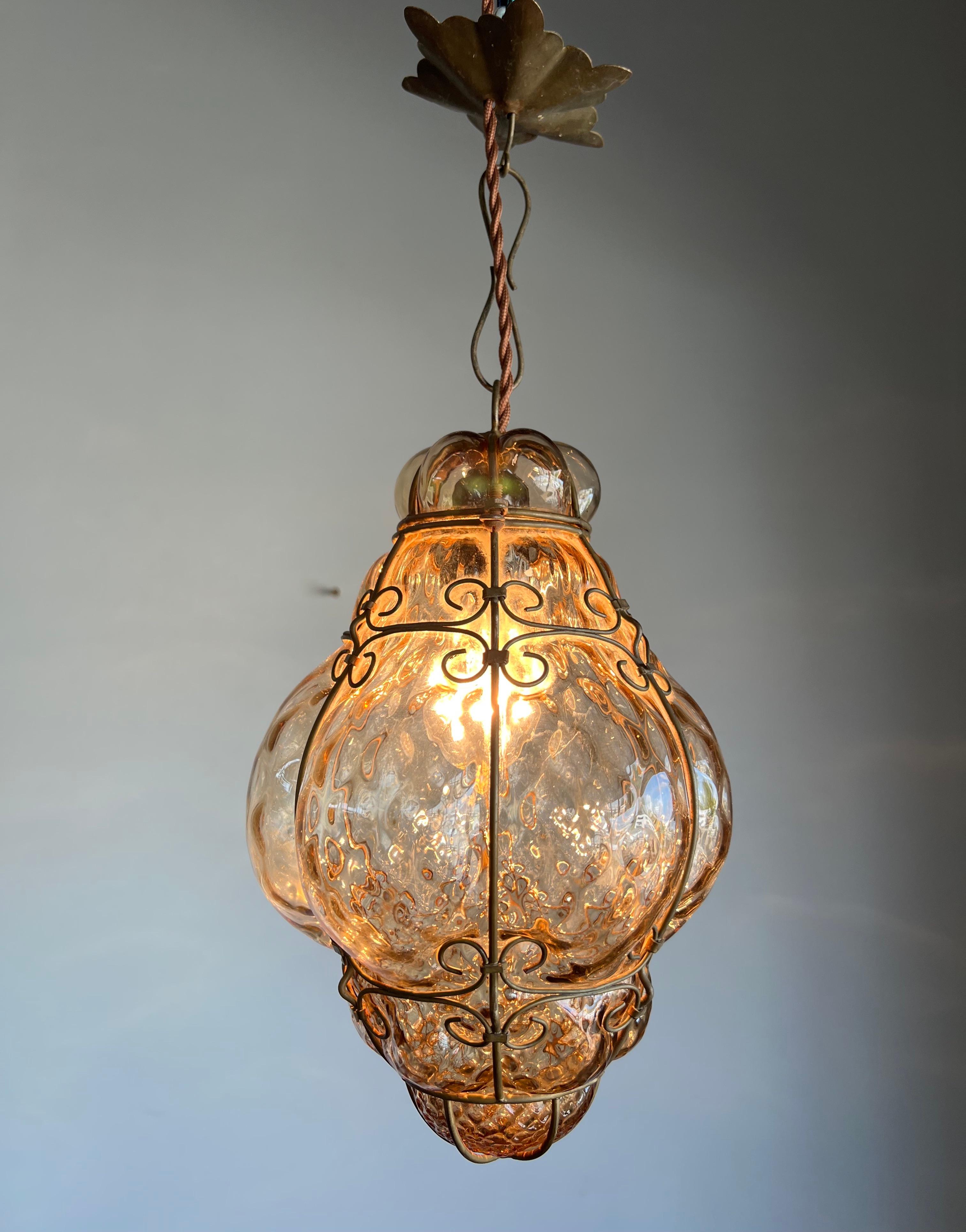 Italian Small Antique Venetian Mouth Blown Smoked Glass Art in Iron Frame Pendant Light For Sale