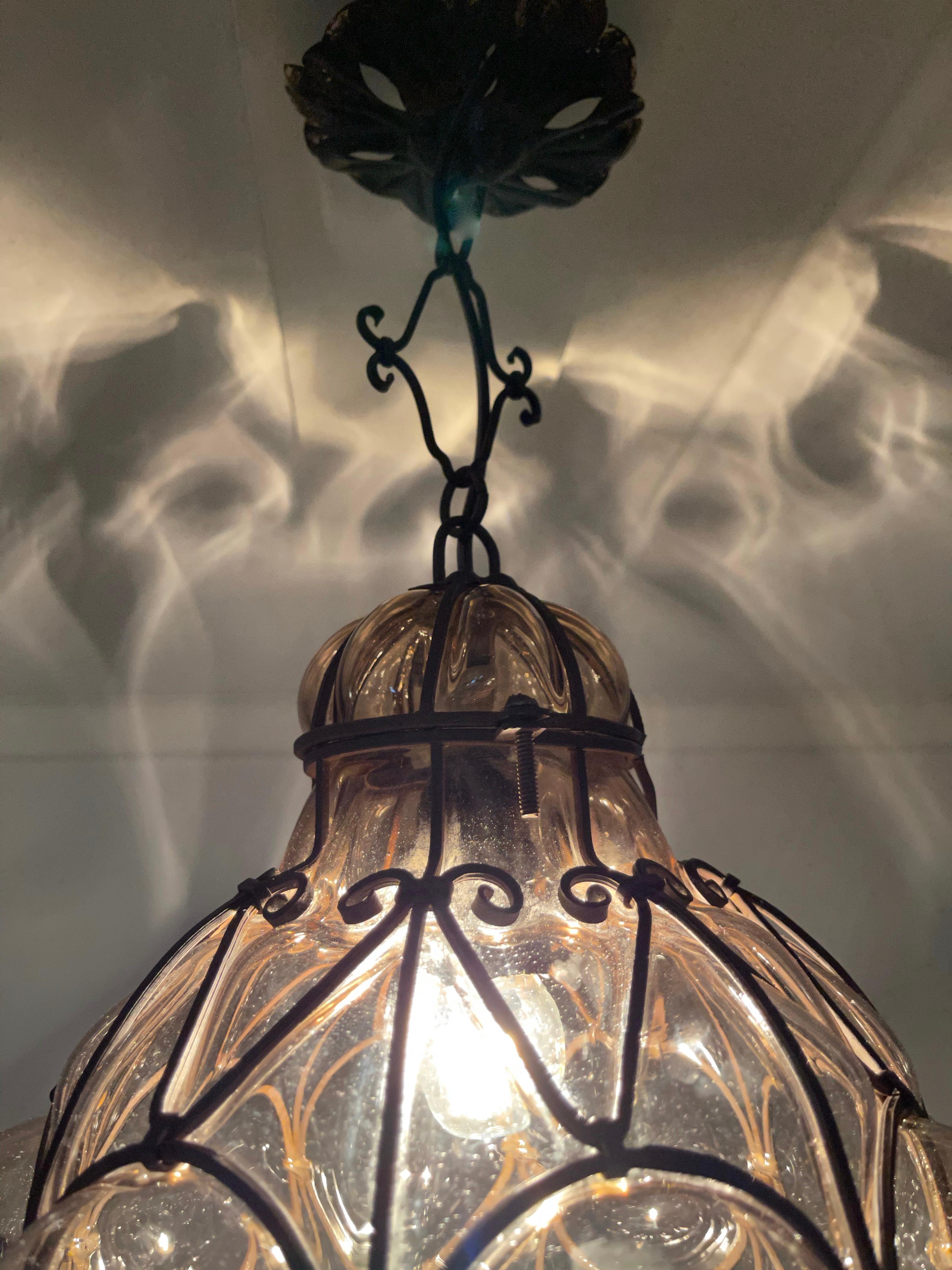 Italian Fine Antique Venetian Mouth Blown Glass Art in Wrought Iron Frame Pendant Light