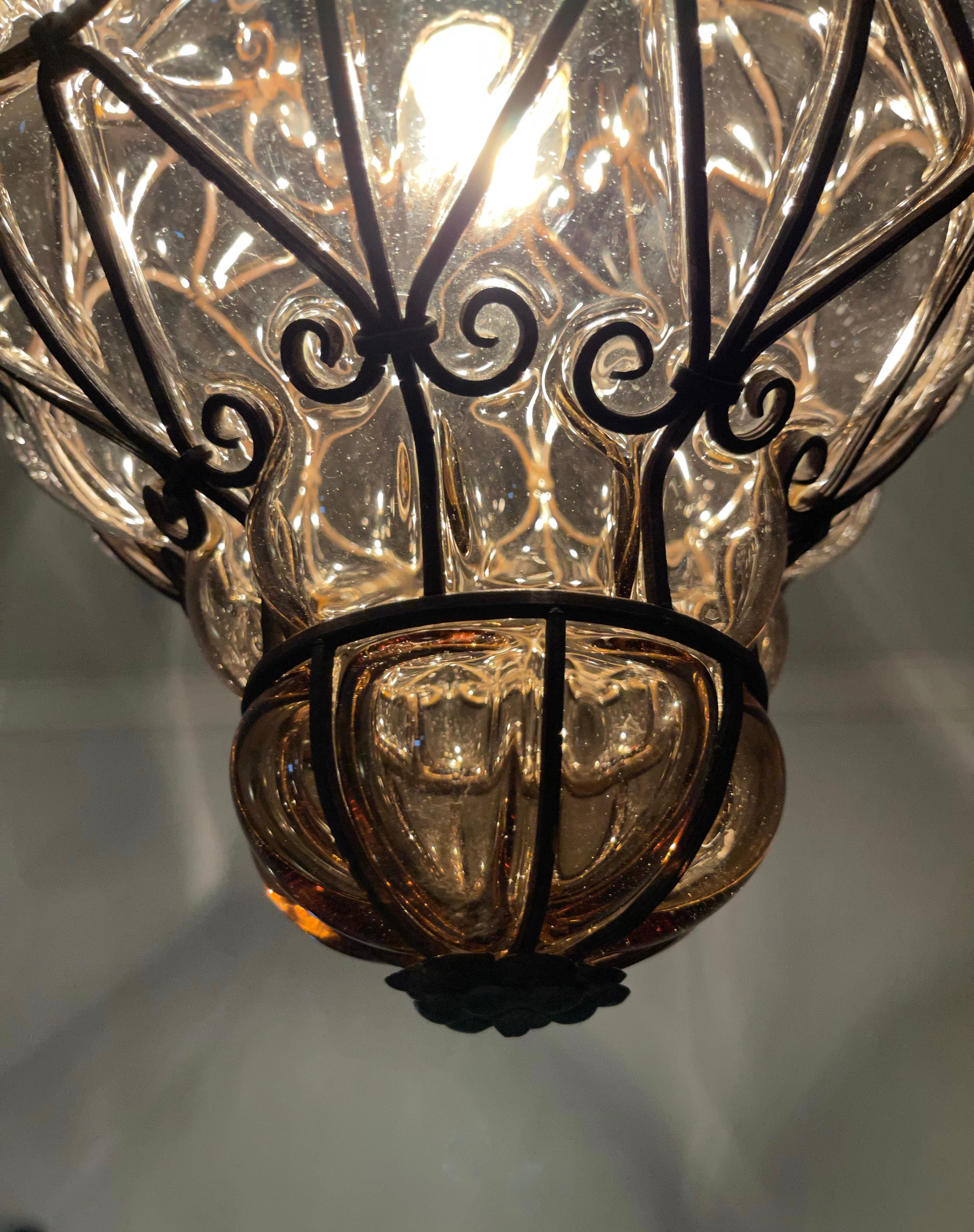 Hand-Crafted Fine Antique Venetian Mouth Blown Glass Art in Wrought Iron Frame Pendant Light