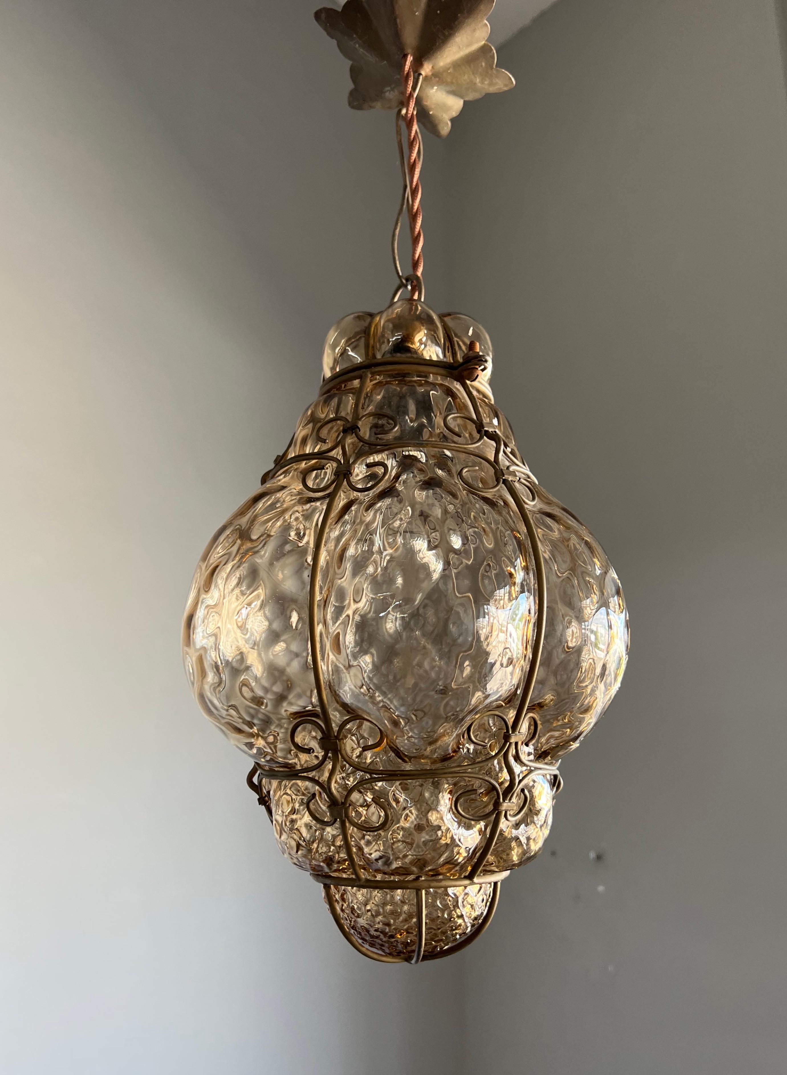 20th Century Small Antique Venetian Mouth Blown Smoked Glass Art in Iron Frame Pendant Light For Sale