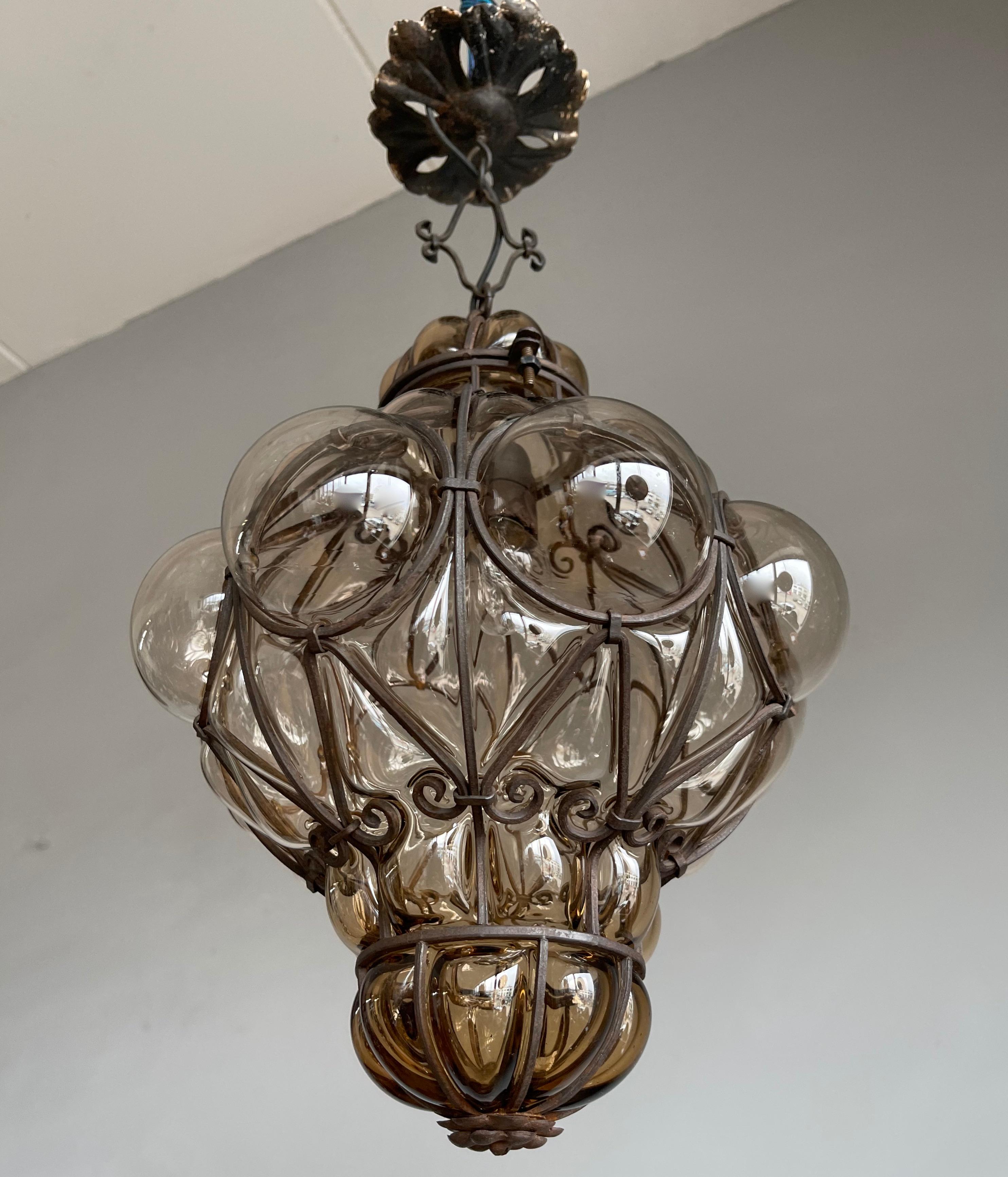 20th Century Fine Antique Venetian Mouth Blown Glass Art in Wrought Iron Frame Pendant Light