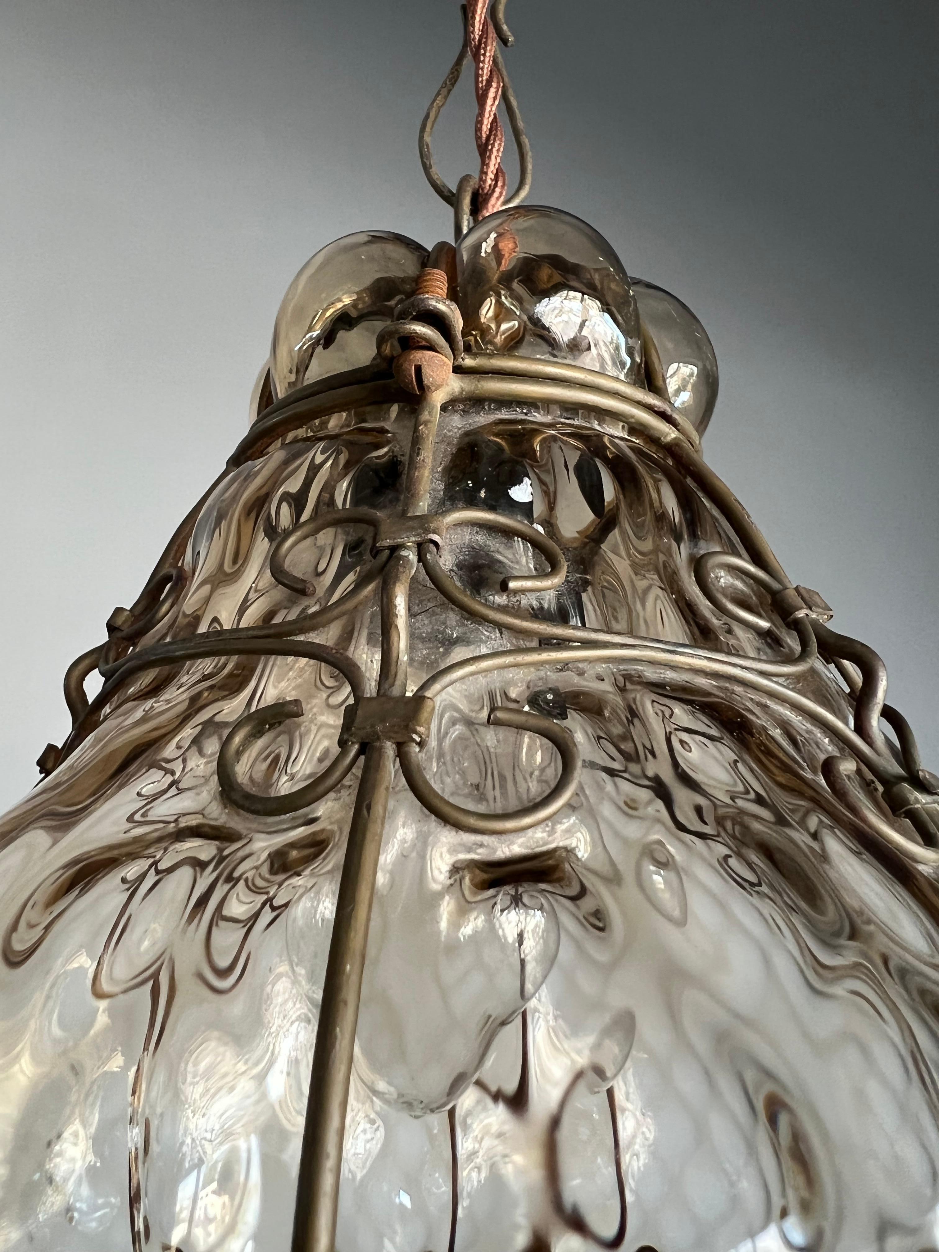 Small Antique Venetian Mouth Blown Smoked Glass Art in Iron Frame Pendant Light For Sale 1