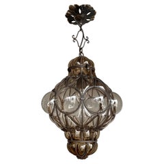 Fine Antique Venetian Mouth Blown Glass Art in Wrought Iron Frame Pendant Light