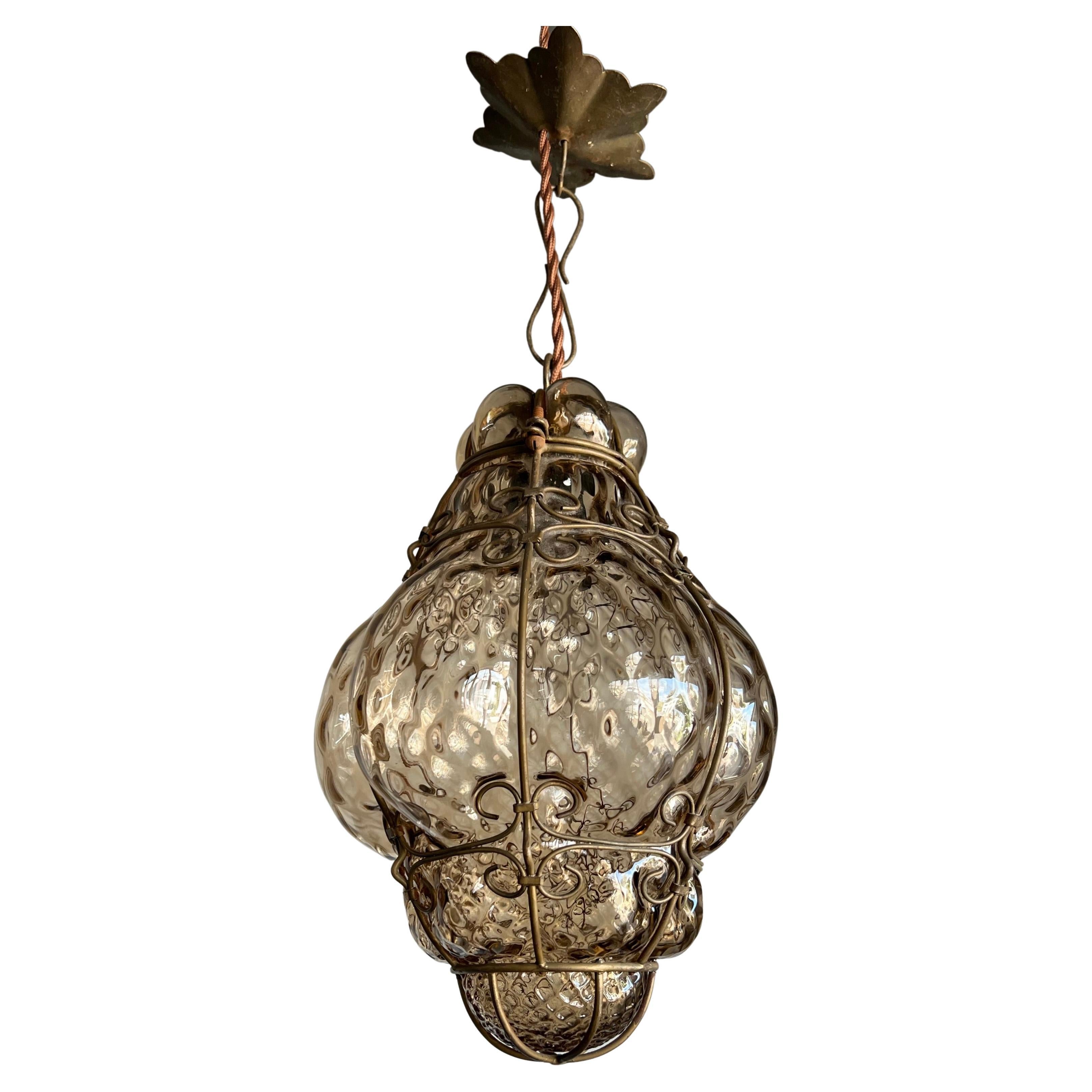 Small Antique Venetian Mouth Blown Smoked Glass Art in Iron Frame Pendant Light For Sale