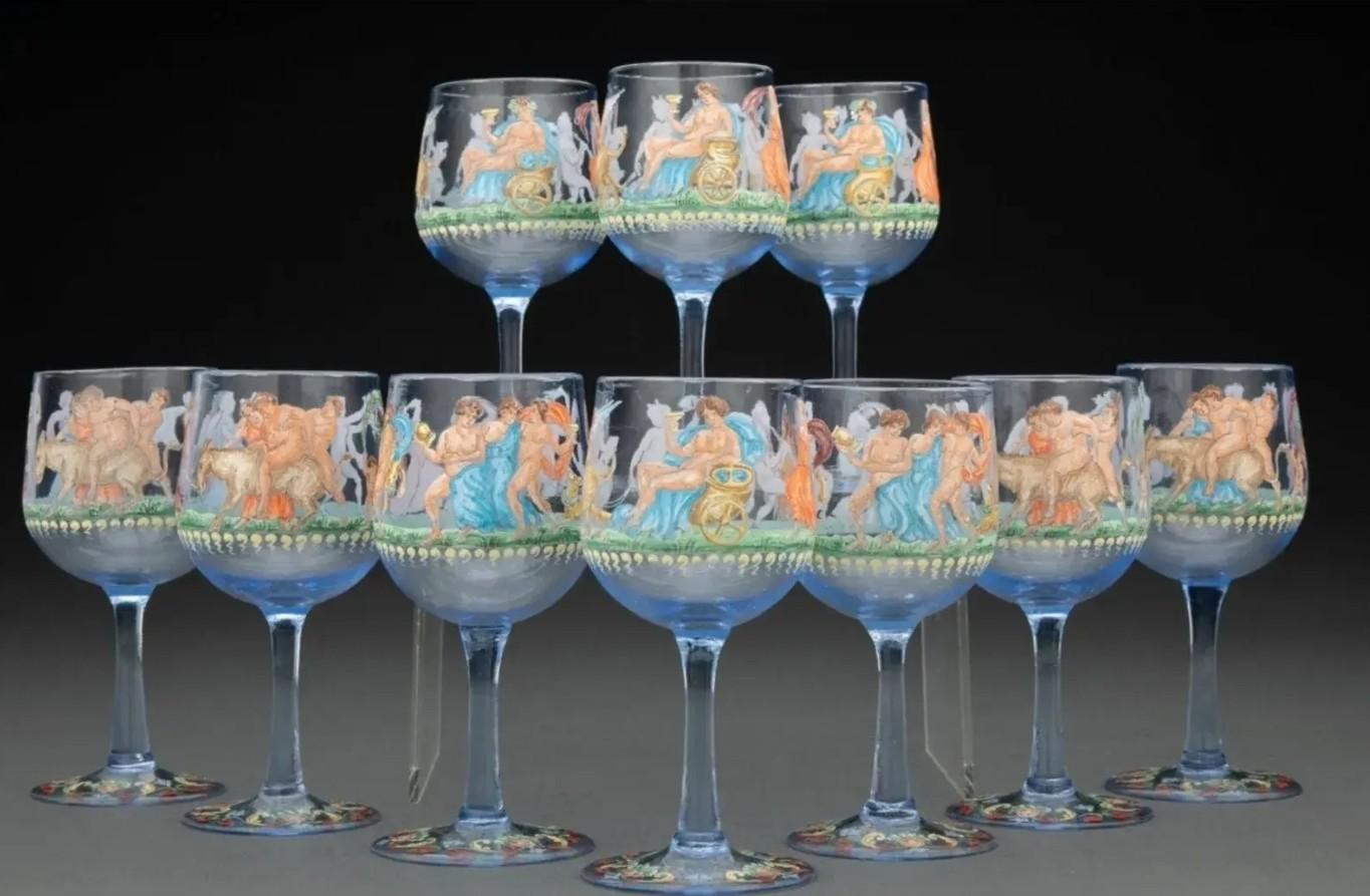 Una magnifica collezione di dieci antichi e rari bicchieri cordiali in vetro artistico colorato soffiato a mano, attribuiti ai leggendari vetrai The Venice & Murano Glass & Mosaic Co. Antonio Salviati (1816-1890) 

Italia, seconda metà del XIX