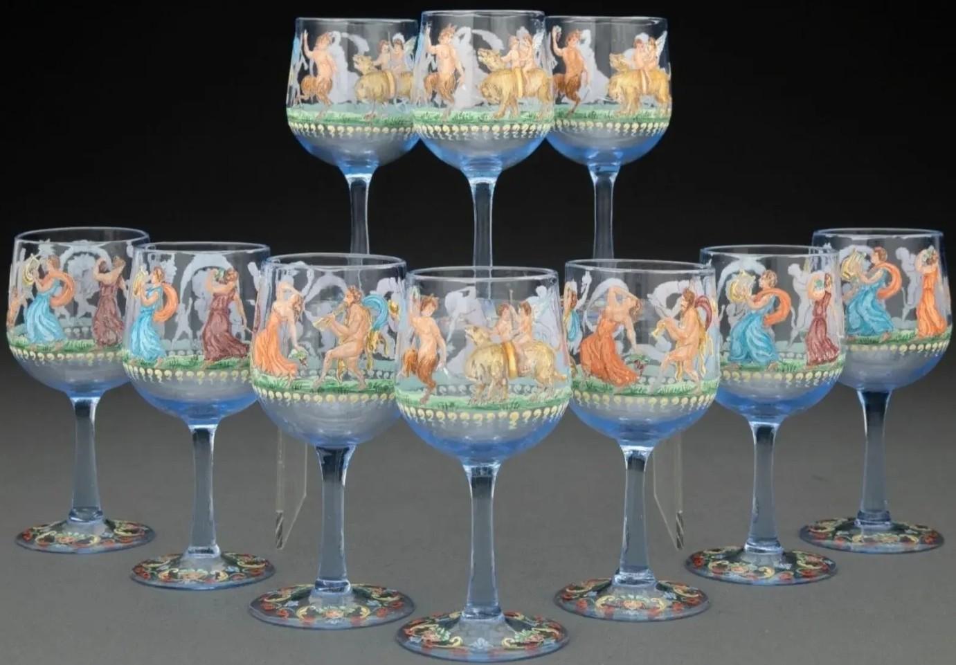 Greco classico Raffinato set di bicchieri da cordiale antichi veneziani Salviati smaltati in vetro blu con gambo in vendita