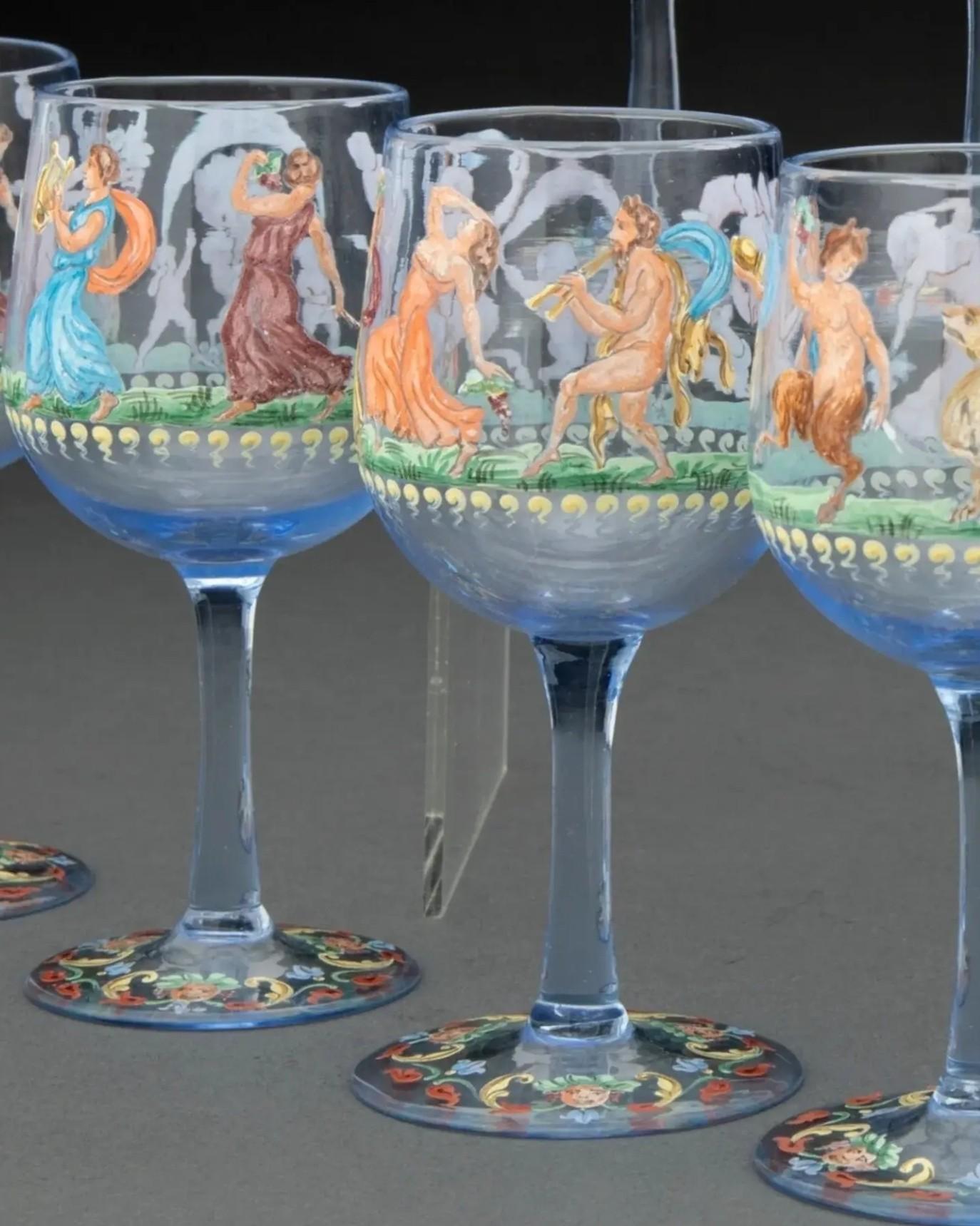 Italiano Raffinato set di bicchieri da cordiale antichi veneziani Salviati smaltati in vetro blu con gambo in vendita
