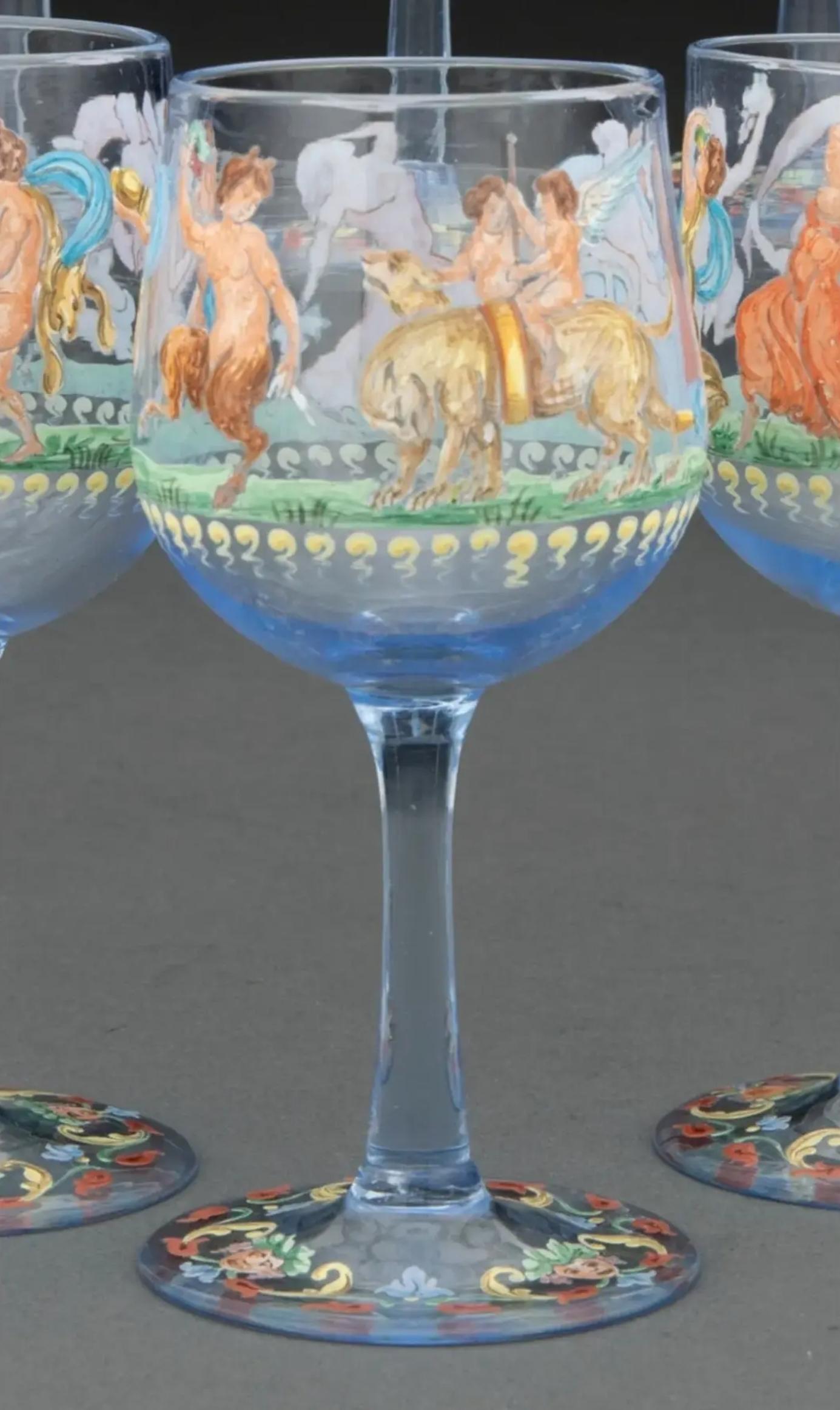 Smaltato Raffinato set di bicchieri da cordiale antichi veneziani Salviati smaltati in vetro blu con gambo in vendita