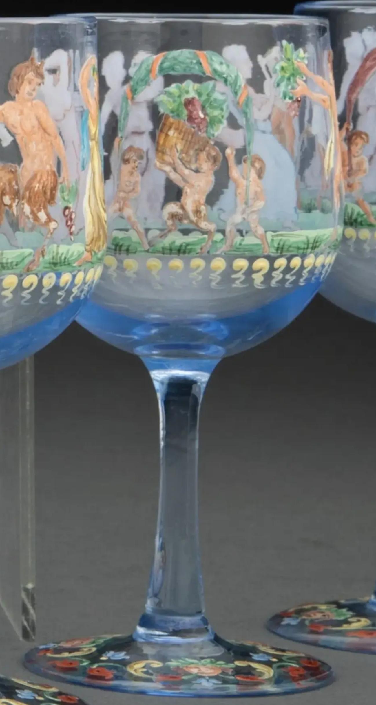 Raffinato set di bicchieri da cordiale antichi veneziani Salviati smaltati in vetro blu con gambo In condizioni buone in vendita a Forney, TX