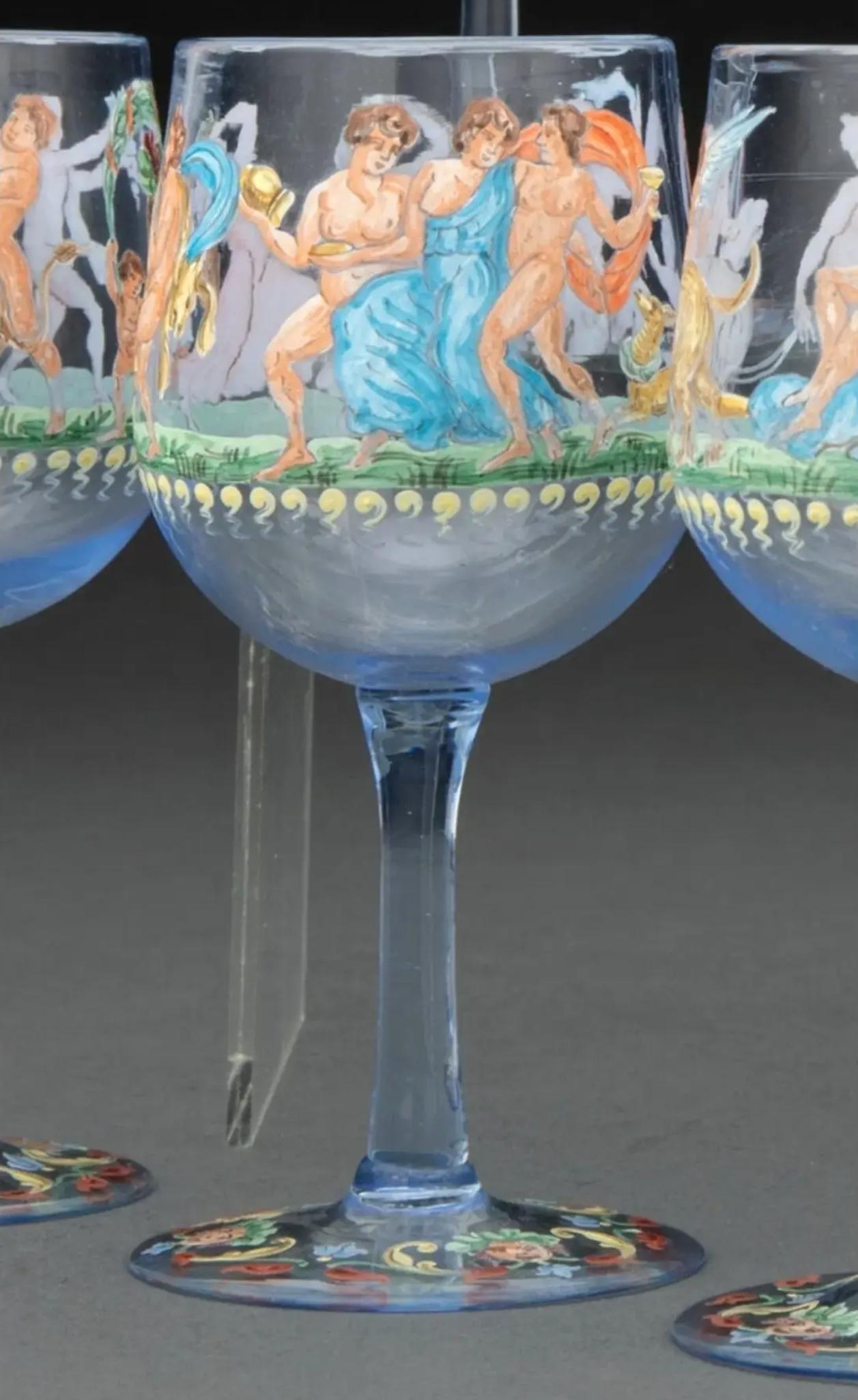 XIX secolo Raffinato set di bicchieri da cordiale antichi veneziani Salviati smaltati in vetro blu con gambo in vendita