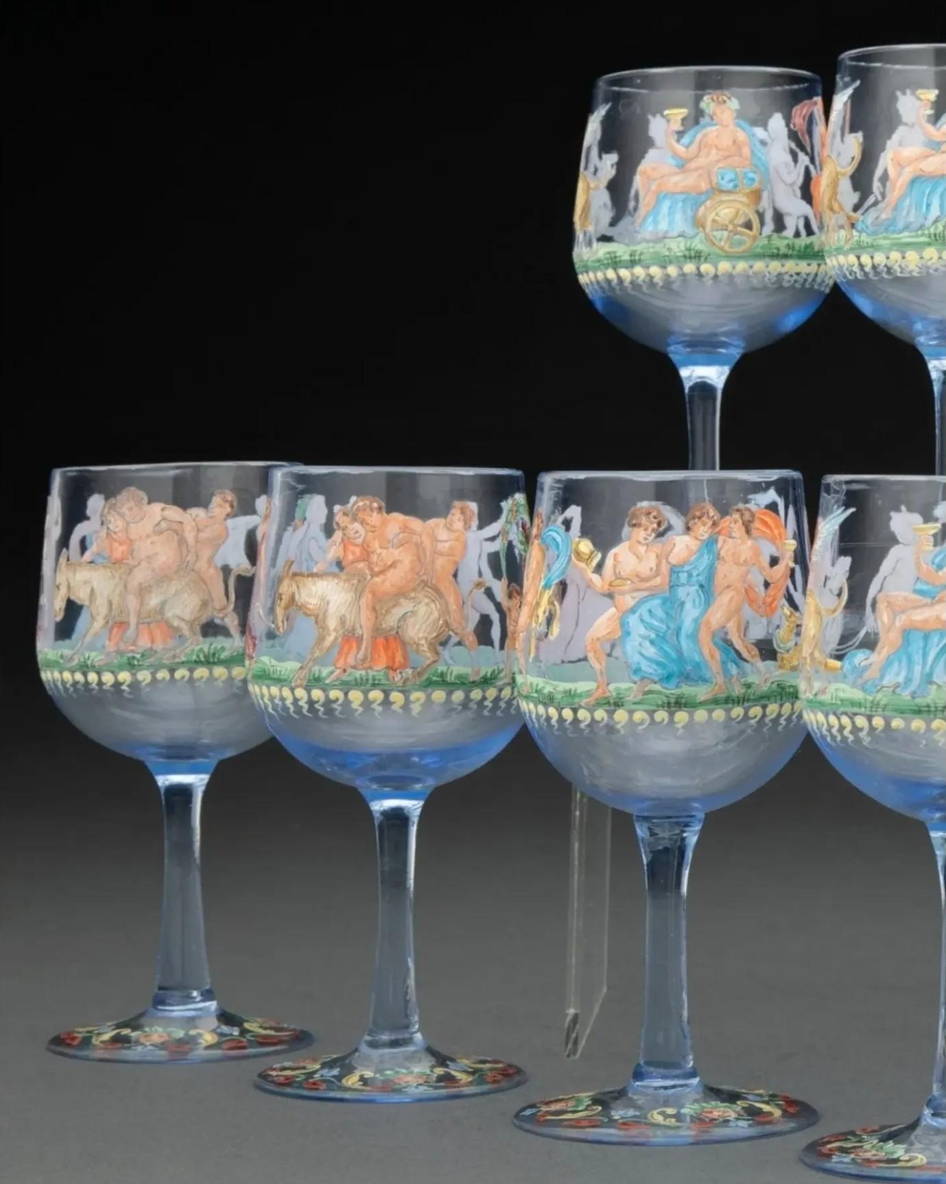 Smalto Raffinato set di bicchieri da cordiale antichi veneziani Salviati smaltati in vetro blu con gambo in vendita