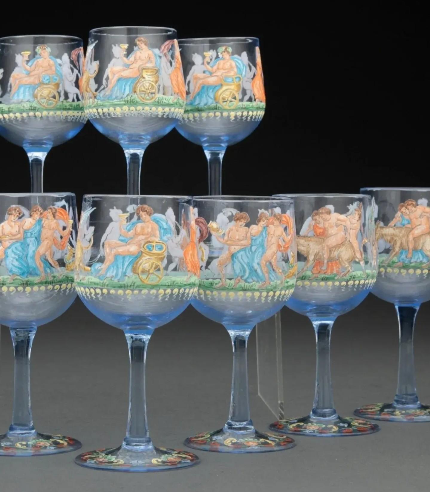 Raffinato set di bicchieri da cordiale antichi veneziani Salviati smaltati in vetro blu con gambo in vendita 1