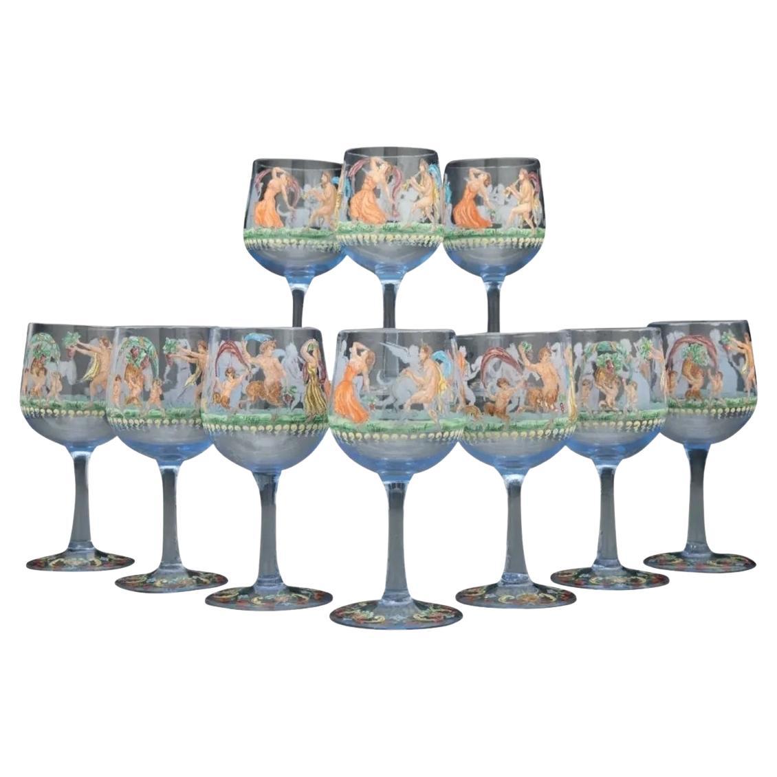 Raffinato set di bicchieri da cordiale antichi veneziani Salviati smaltati in vetro blu con gambo