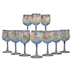Raffinato set di bicchieri da cordiale antichi veneziani Salviati smaltati in vetro blu con gambo