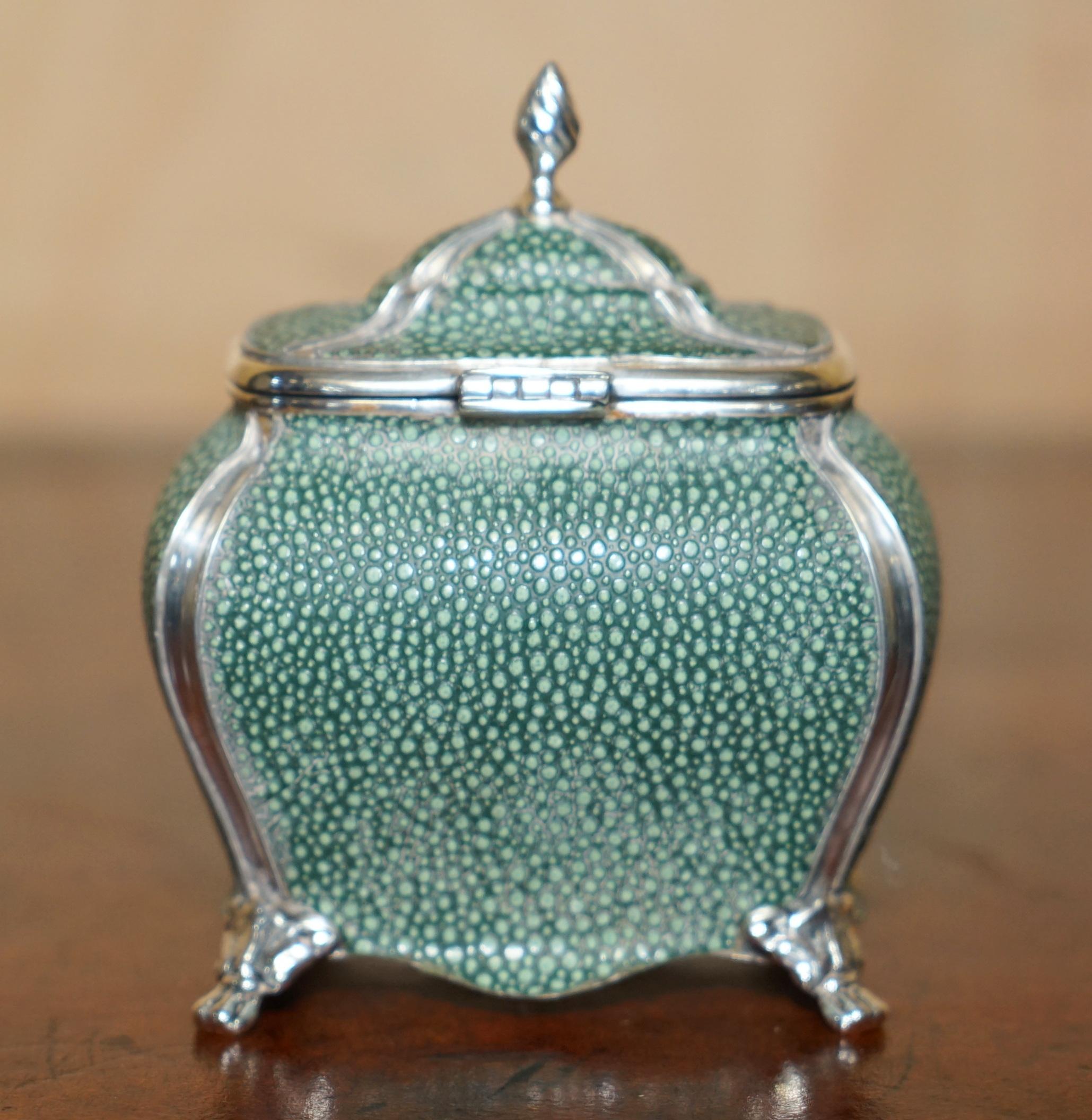 English FINE ANTIQUE VICTORIAN 1895 NATHAN & HAYES SHAGREEN EPNS SiLVER TEA CADDY