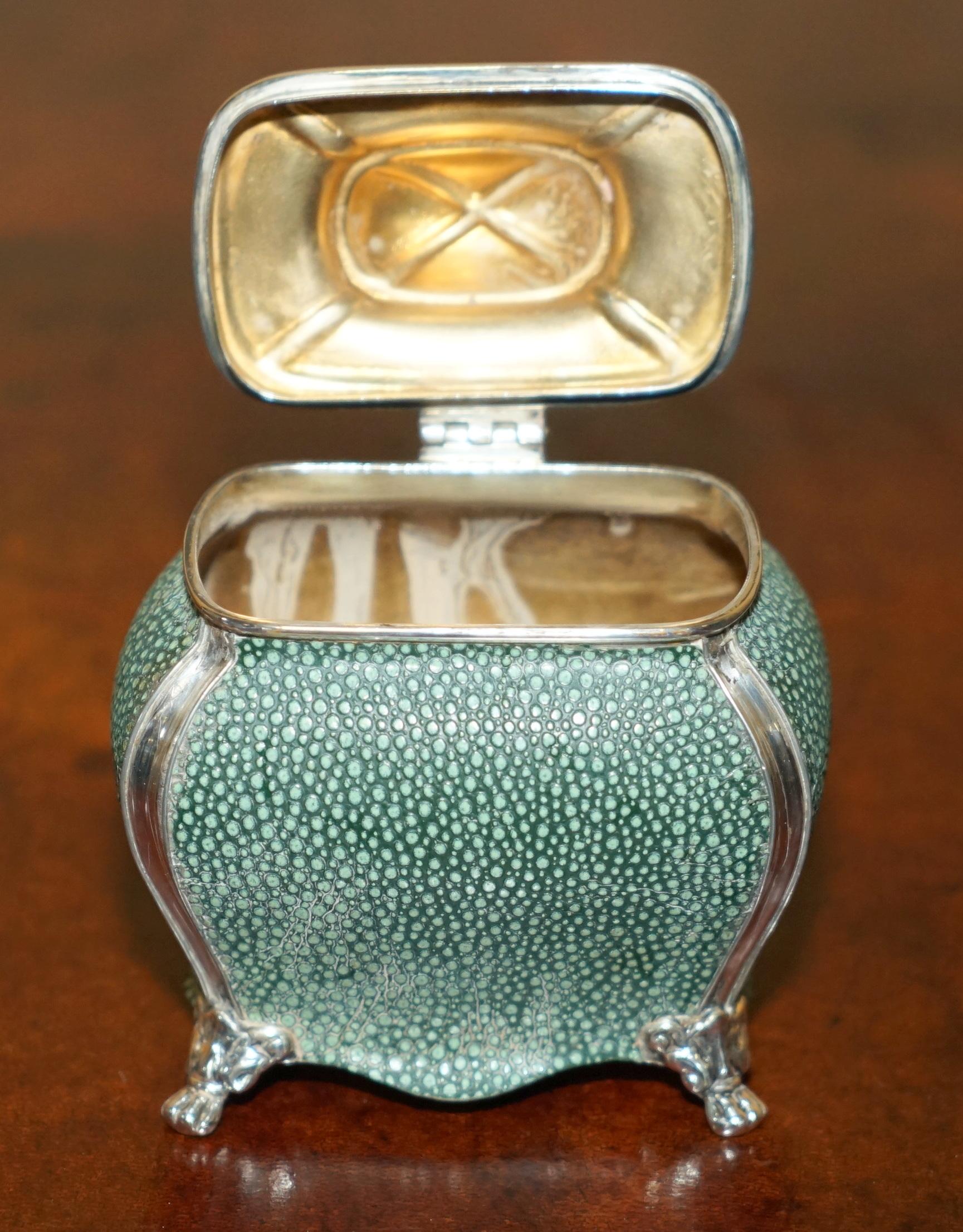 FINE ANTIQUE VICTORIAN 1895 NATHAN & HAYES SHAGREEN EPNS SiLVER TEA CADDY 1