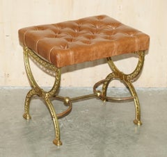 FINE ANTIQUE ViCTORIAN BRASS SHOW FRAME CHESTERFIELD BROWN LEATHER FOOTSTOOL