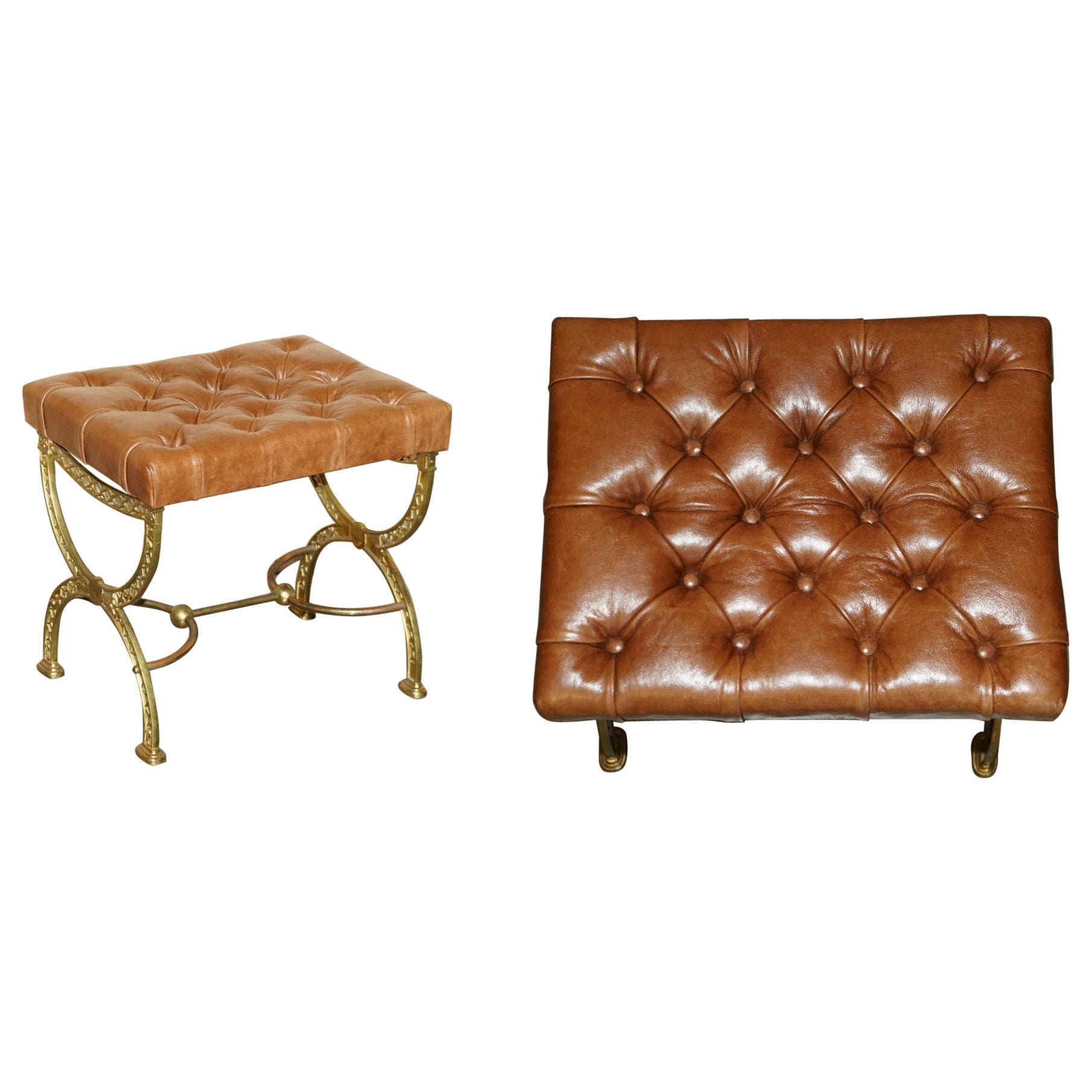 FINE ANTIQUE ViCTORIAN BRASS SHOW FRAME CHESTERFIELD BROWN LEATHER FOOTSTOOL