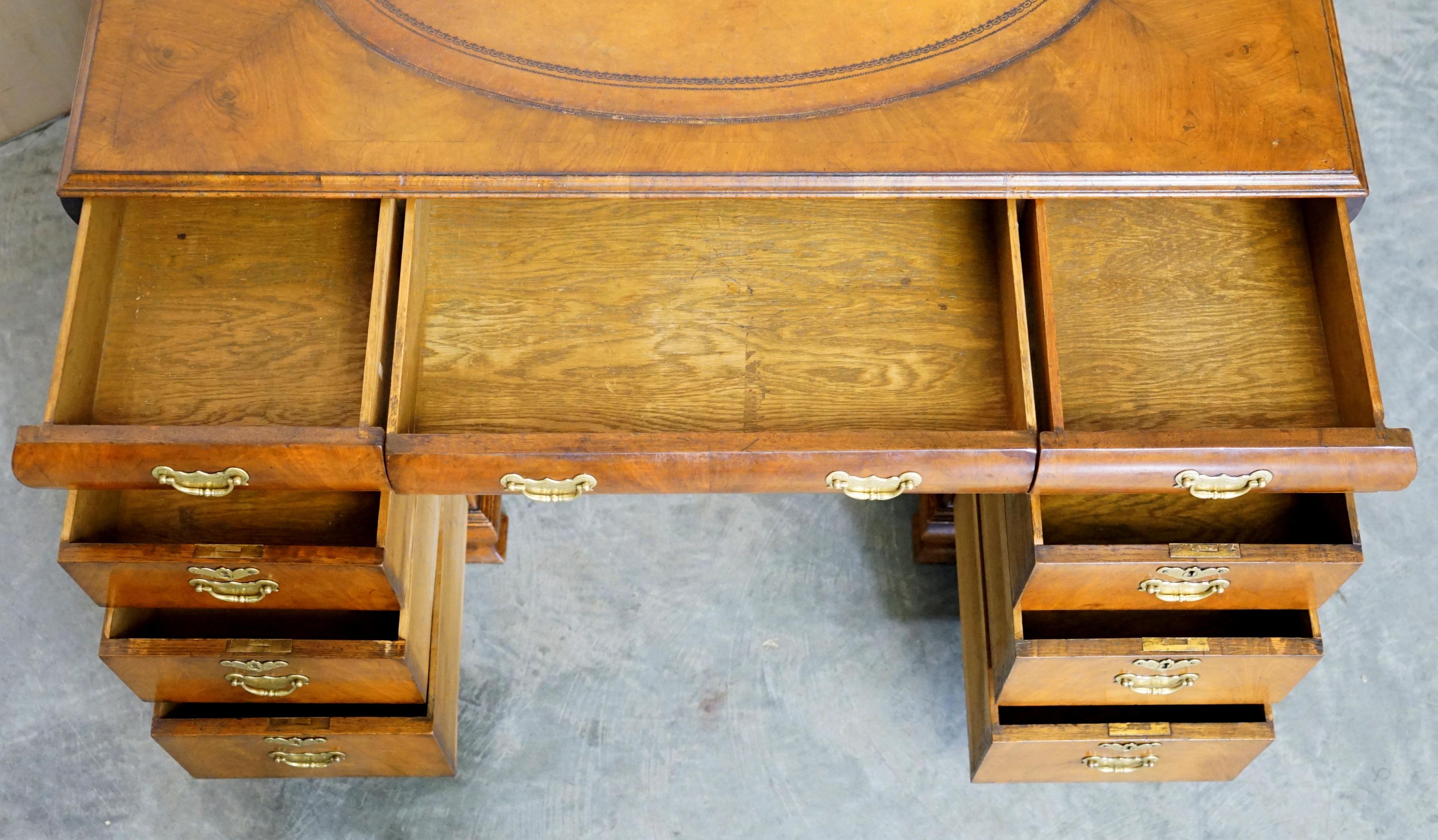 Fine Antique Victorian Burr Walnut Cushion Drawer Brown Leather Partner Desk For Sale 8