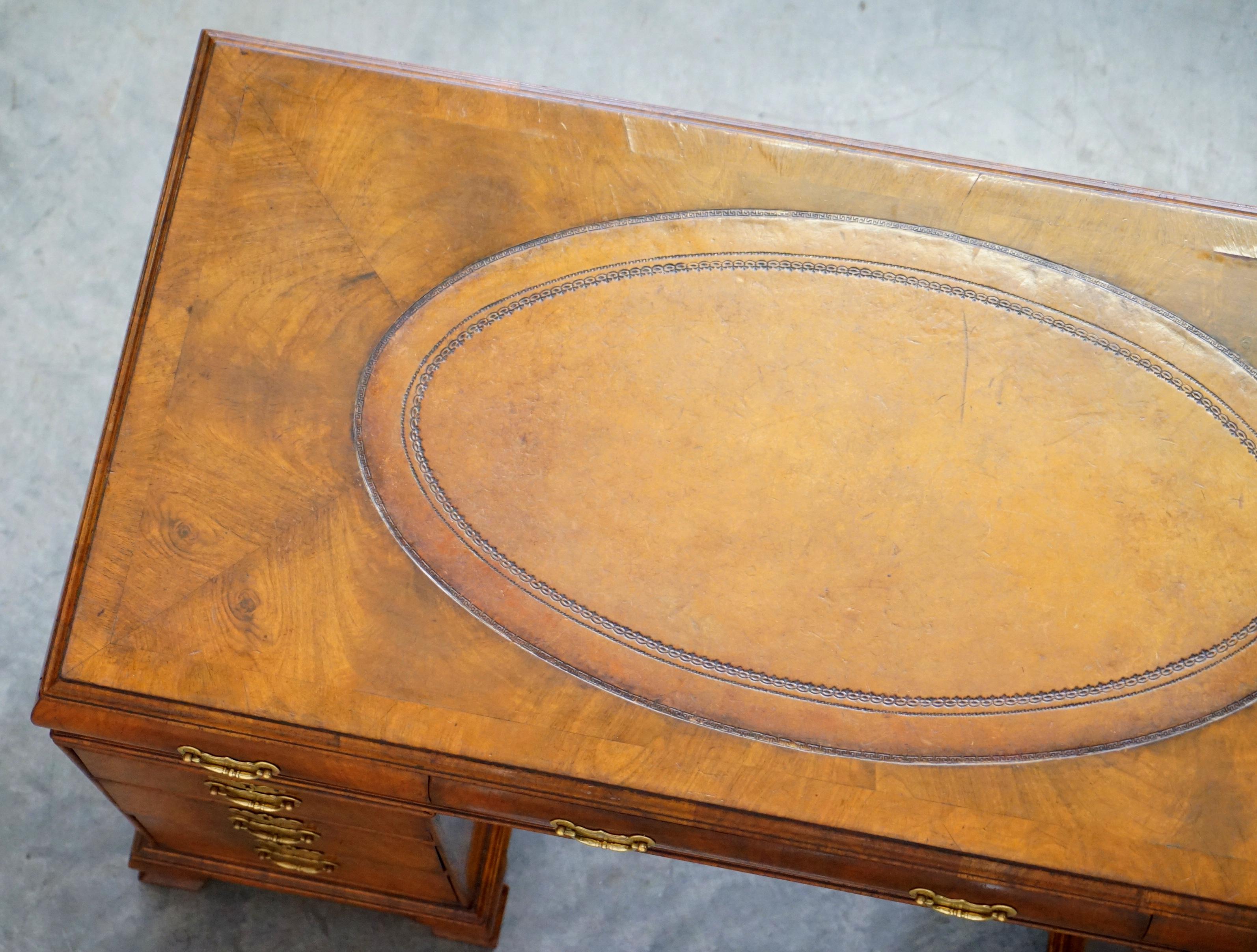 Fine Antique Victorian Burr Walnut Cushion Drawer Brown Leather Partner Desk For Sale 11