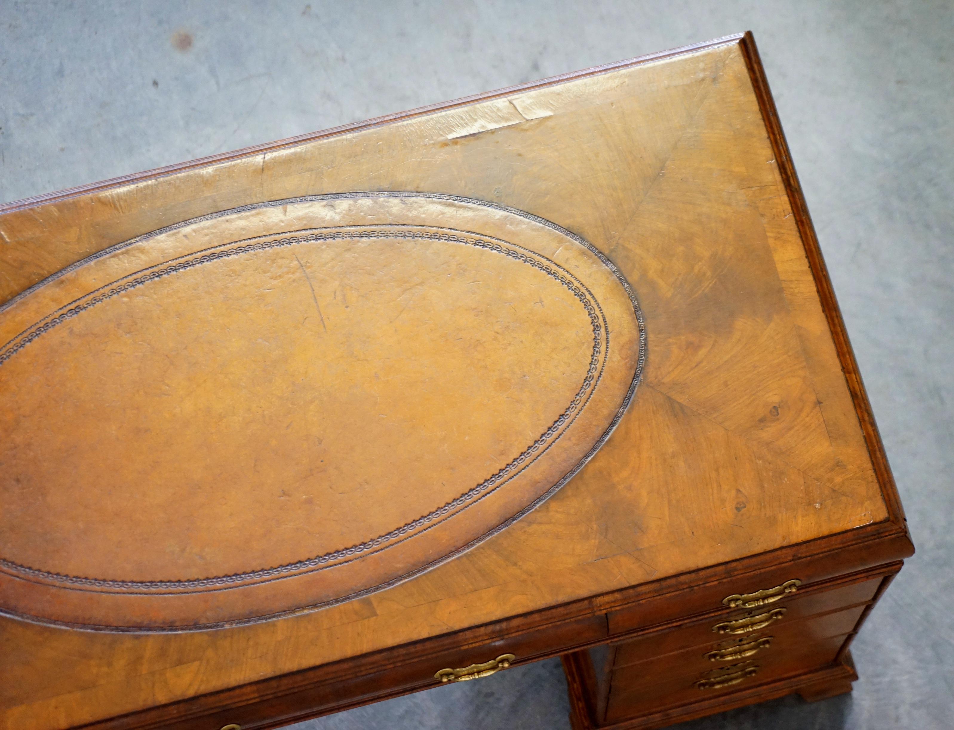 Fine Antique Victorian Burr Walnut Cushion Drawer Brown Leather Partner Desk For Sale 12