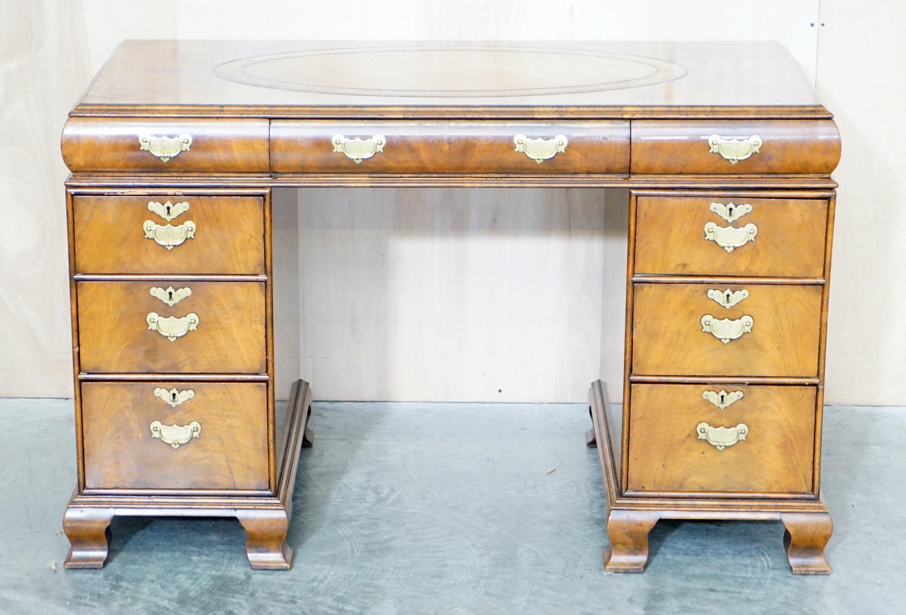 High Victorian Fine Antique Victorian Burr Walnut Cushion Drawer Brown Leather Partner Desk For Sale