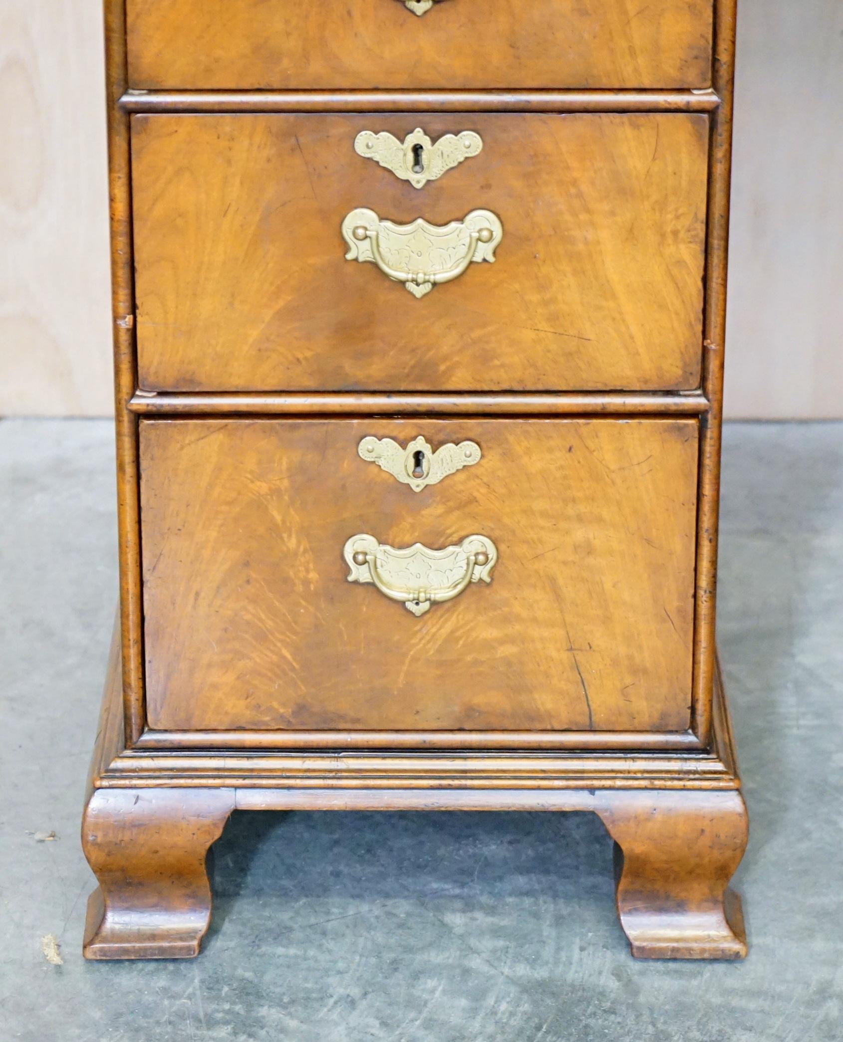 Hand-Crafted Fine Antique Victorian Burr Walnut Cushion Drawer Brown Leather Partner Desk For Sale