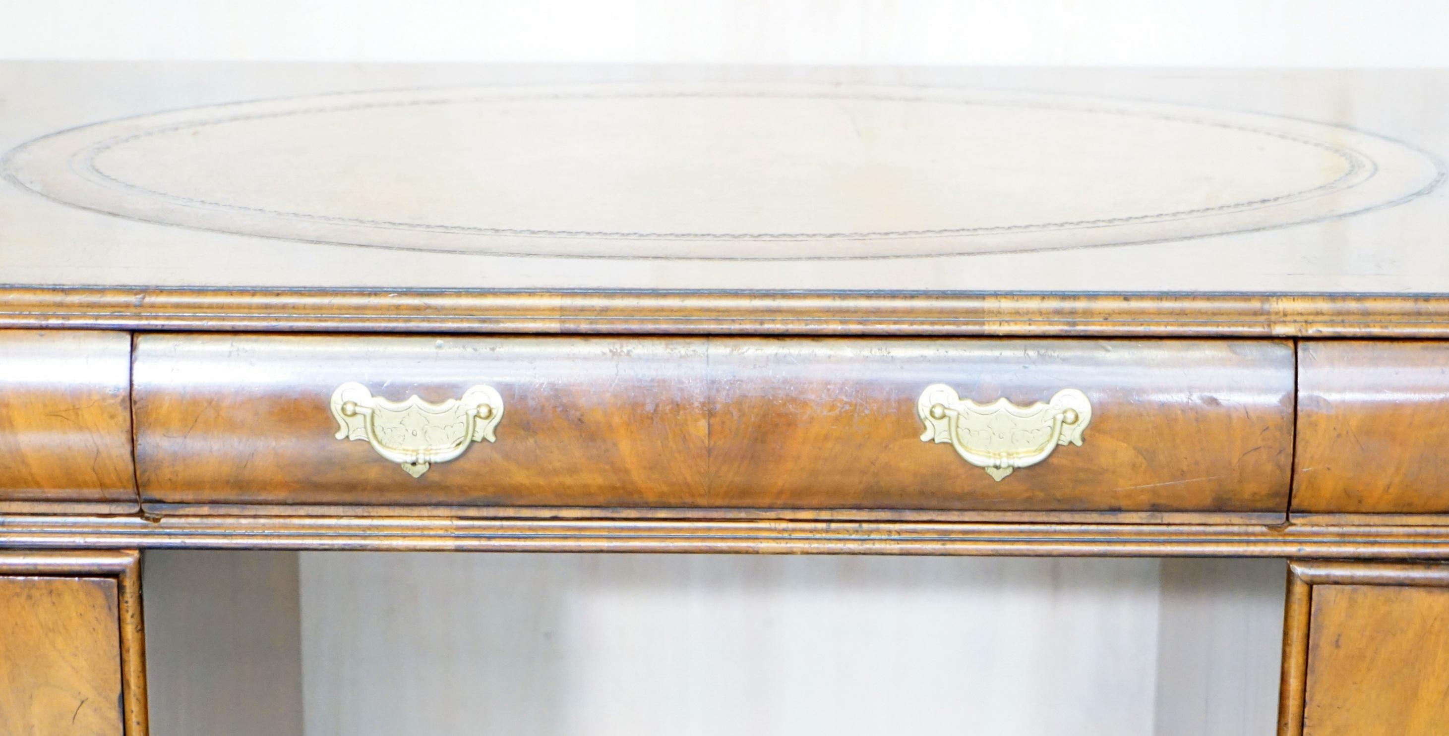 Late 19th Century Fine Antique Victorian Burr Walnut Cushion Drawer Brown Leather Partner Desk For Sale