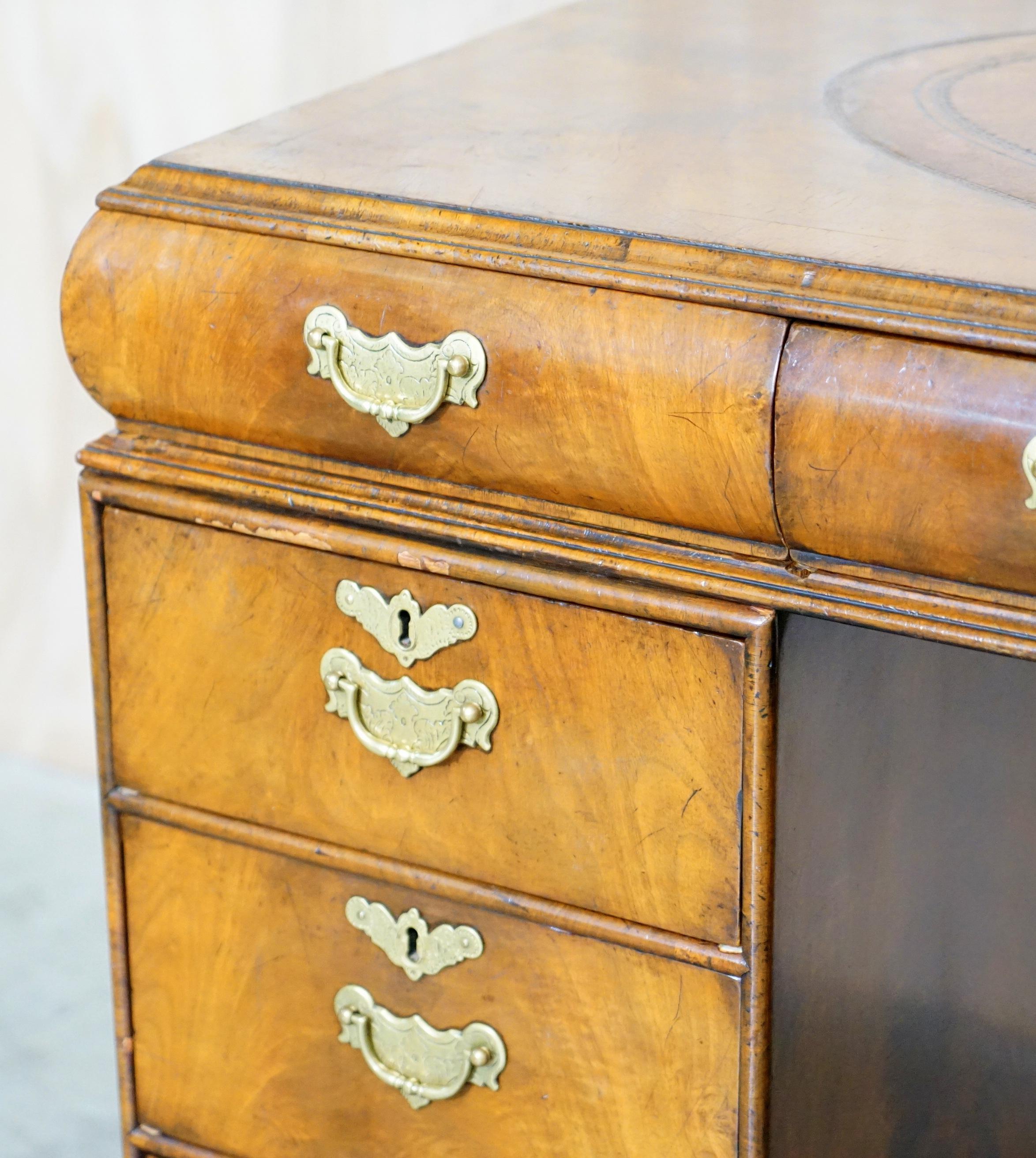 Fine Antique Victorian Burr Walnut Cushion Drawer Brown Leather Partner Desk For Sale 1