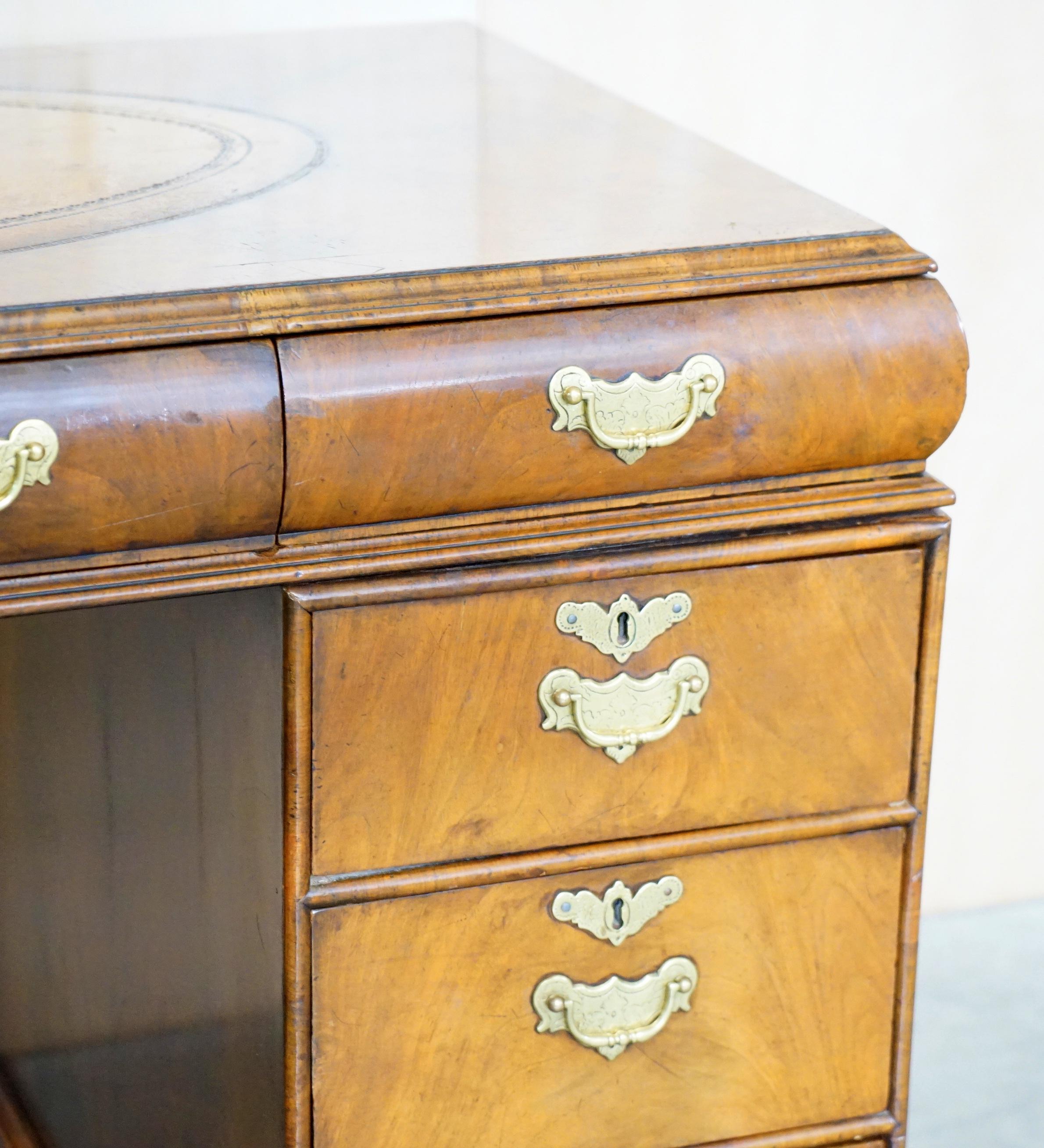 Fine Antique Victorian Burr Walnut Cushion Drawer Brown Leather Partner Desk For Sale 2