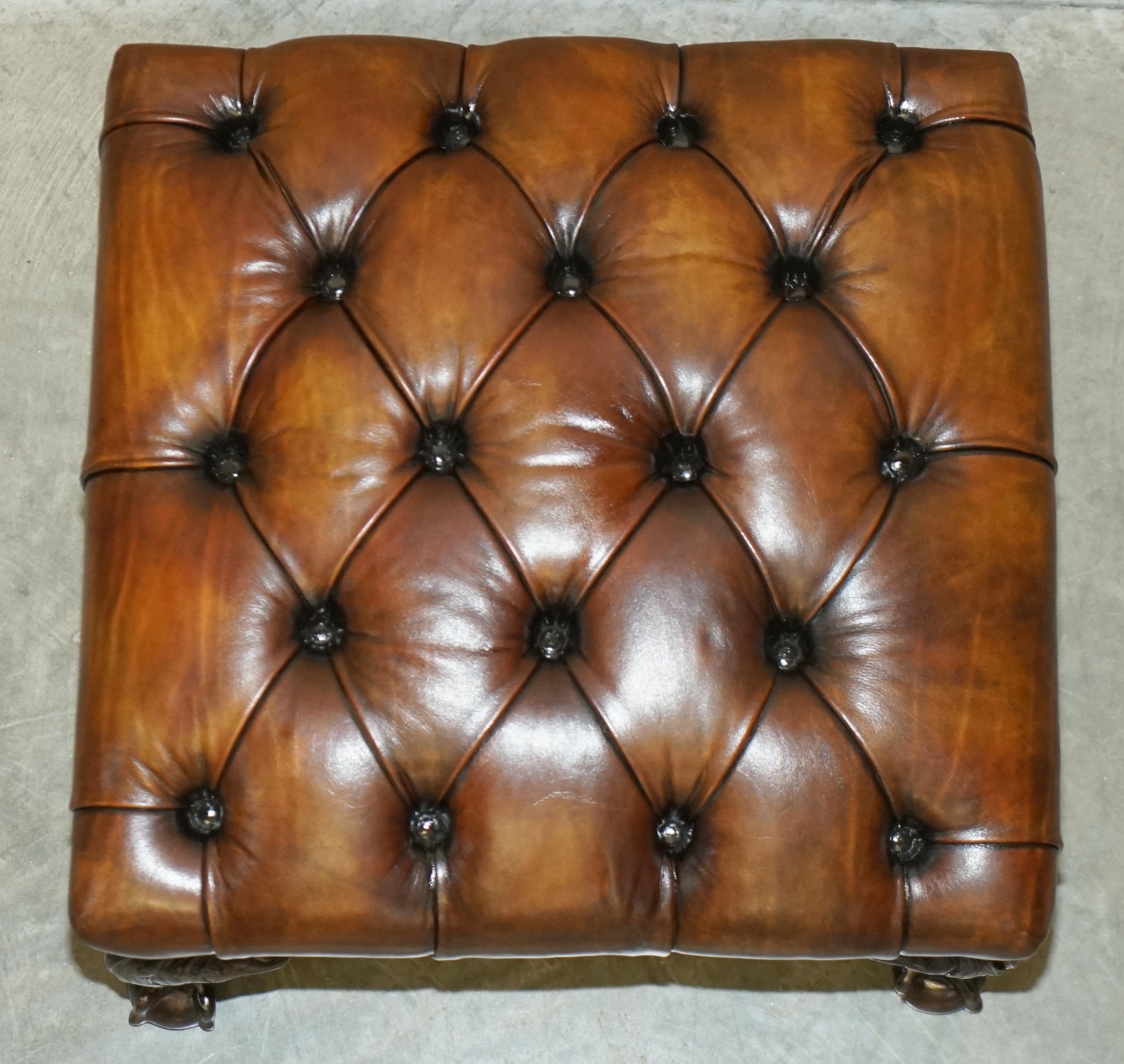 FINE ANTIQUE ViCTORIAN CLAW & BALL BROWN LEATHER RESTORED CHESTERFIELD FOOTSTOOL For Sale 6
