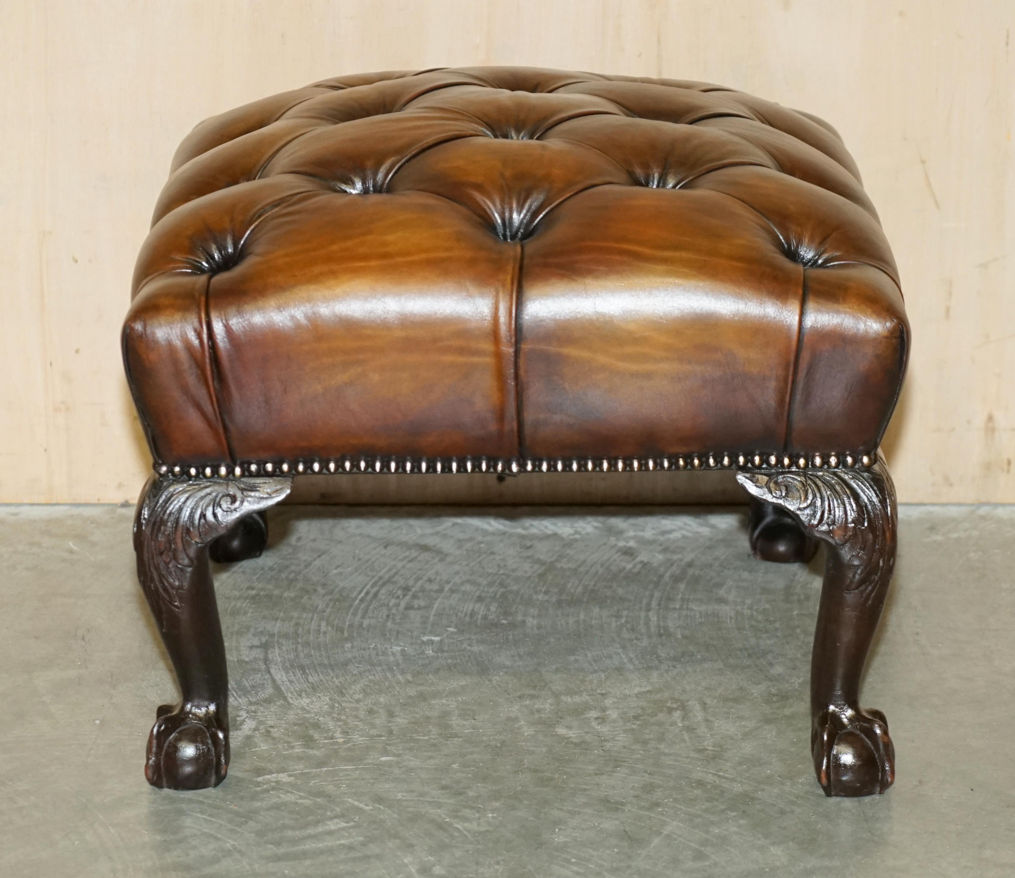 FINE ANTIQUE ViCTORIAN CLAW & BALL BROWN LEATHER RESTORED CHESTERFIELD FOOTSTOOL For Sale 11