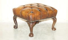 FINE ANTIQUE ViCTORIAN CLAW & BALL BROWN LEATHER RESTORED CHESTERFIELD FOOTSTOOL