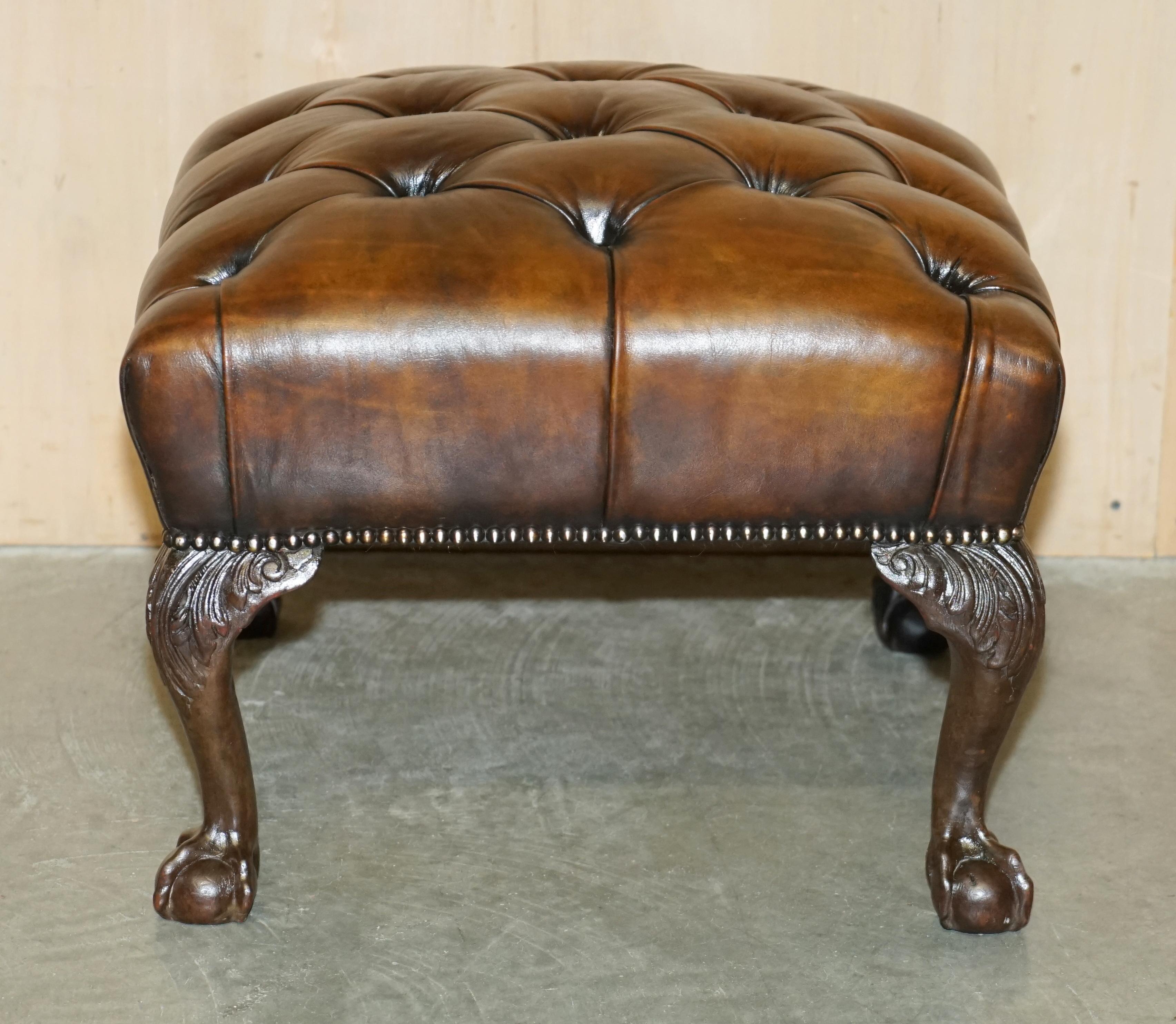 FINE ANTIQUE ViCTORIAN CLAW & BALL BROWN LEATHER RESTORED CHESTERFIELD FOOTSTOOL For Sale 13