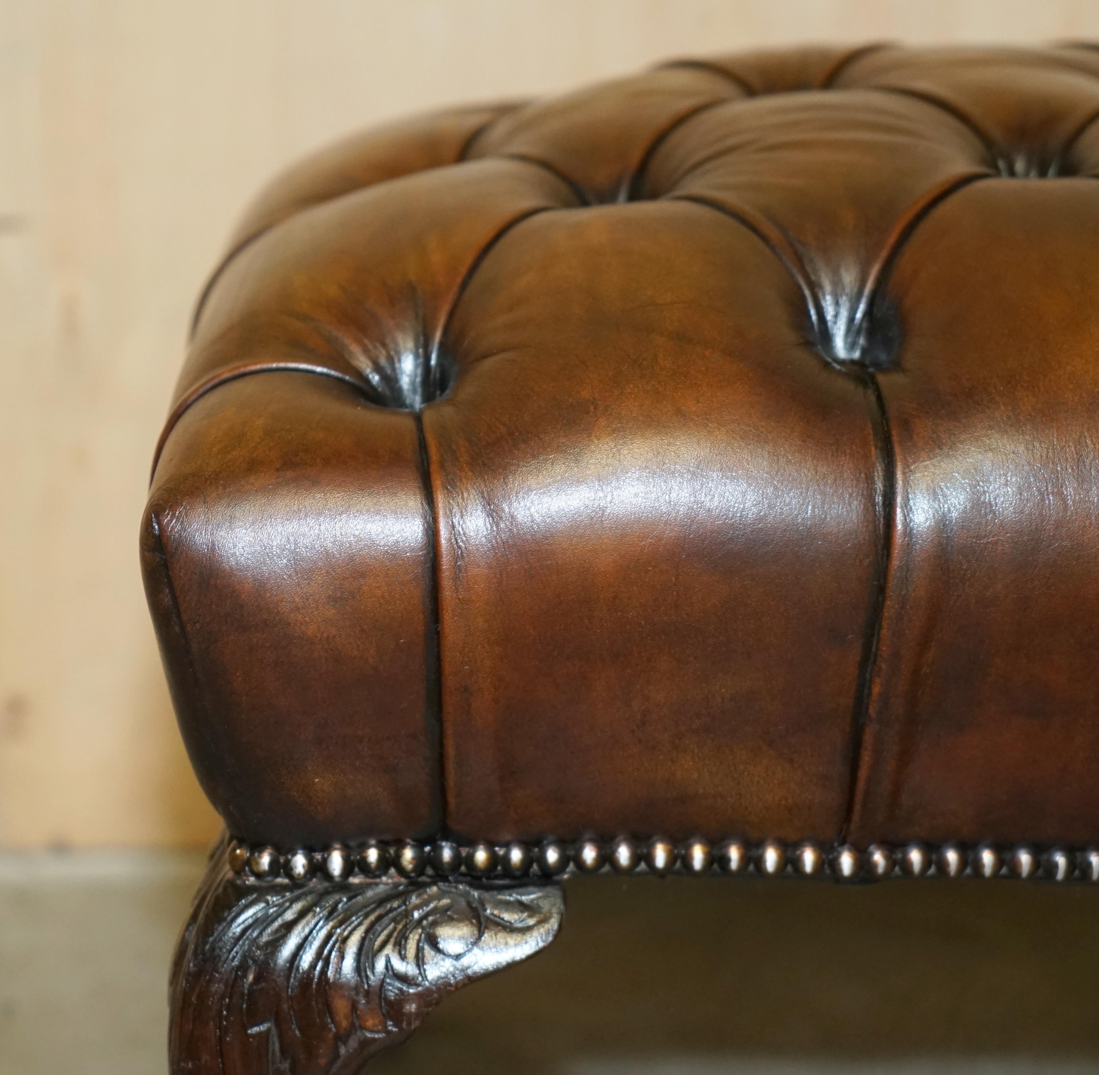 Hand-Crafted FINE ANTIQUE ViCTORIAN CLAW & BALL BROWN LEATHER RESTORED CHESTERFIELD FOOTSTOOL For Sale