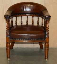 FINE ANTIQUE VICTORIAN FULLY RESTORED BROWN LEATHER CHESTERFIELD CAPTAINs CHAIR