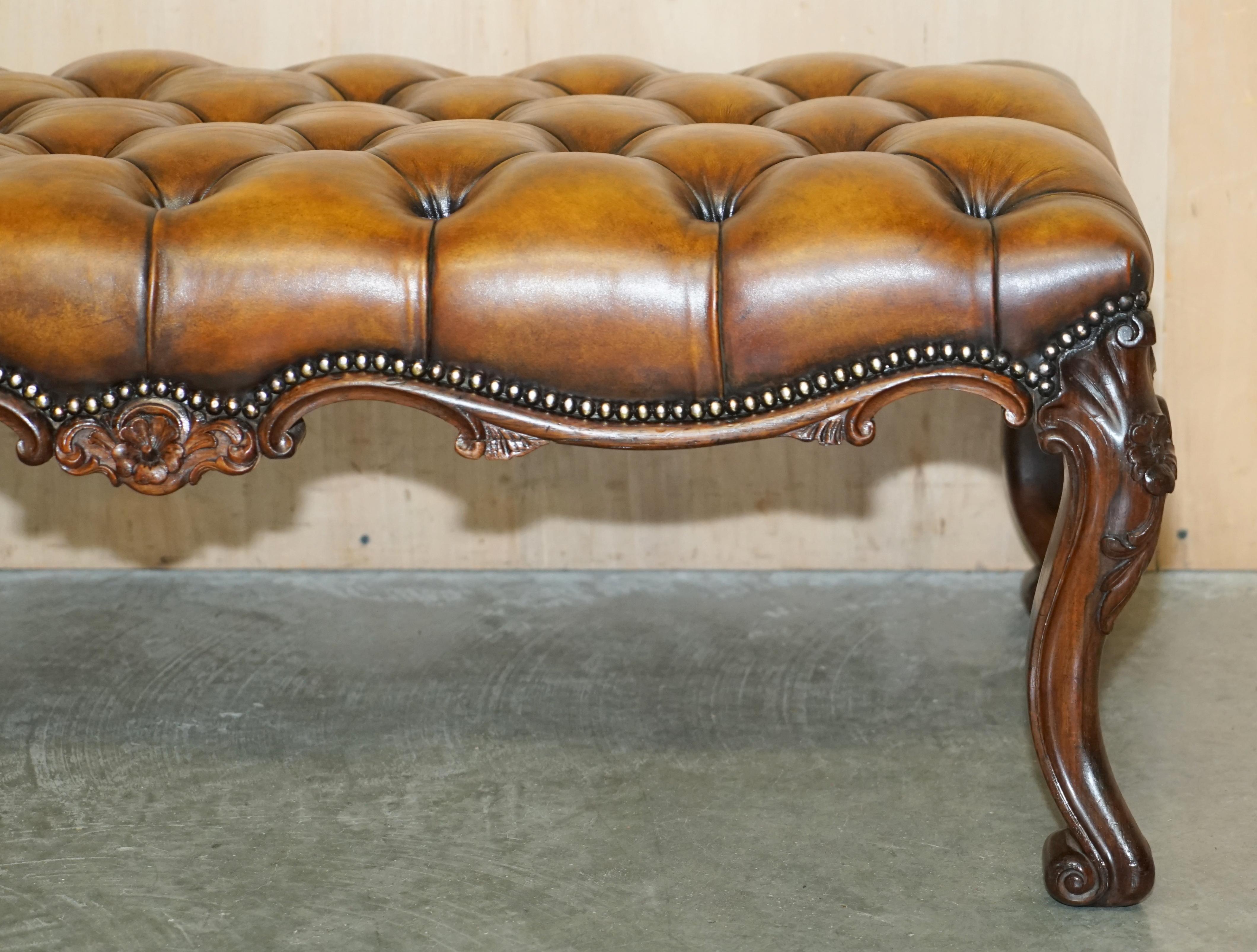 FINE ANTIQUE ViCTORIAN HARDWOOD SHOW FRAME CHESTERFIELD BROWN LEATHER FOOTSTOOL 3