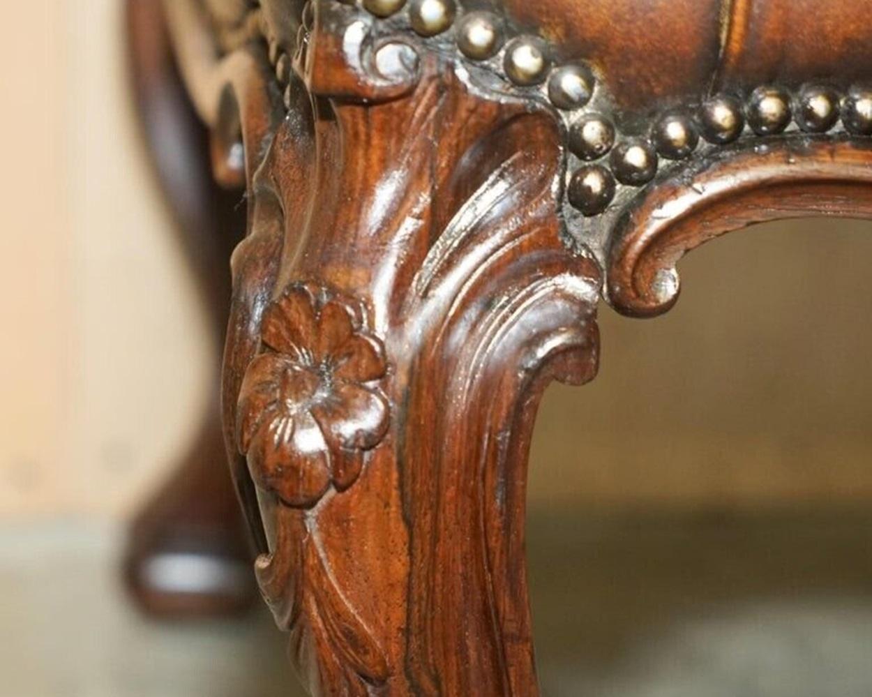FINE ANTIQUE ViCTORIAN HARDWOOD SHOW FRAME CHESTERFIELD BROWN LEATHER FOOTSTOOL im Angebot 3