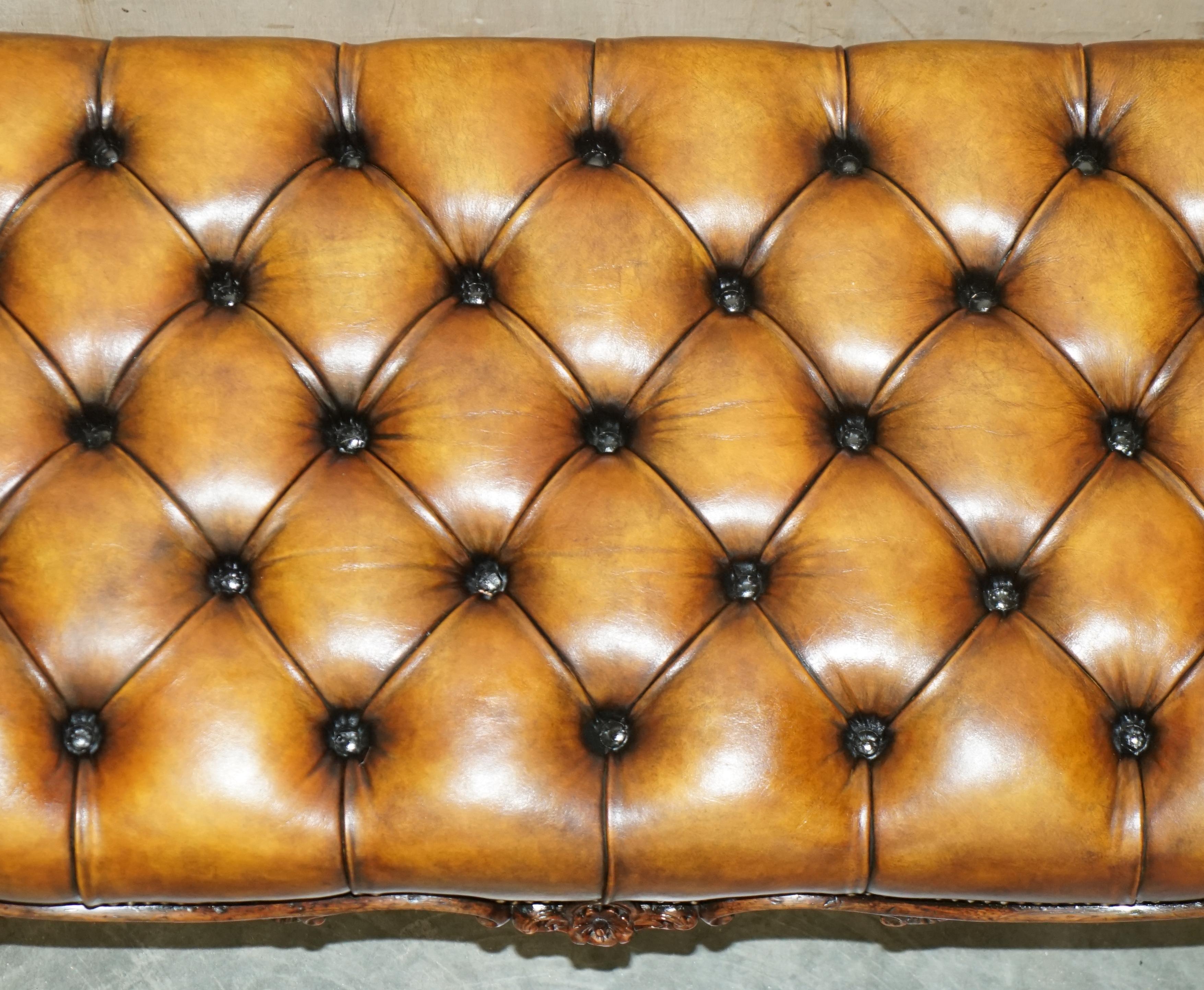 FINE ANTIQUE ViCTORIAN HARDWOOD SHOW FRAME CHESTERFIELD BROWN LEATHER FOOTSTOOL 8