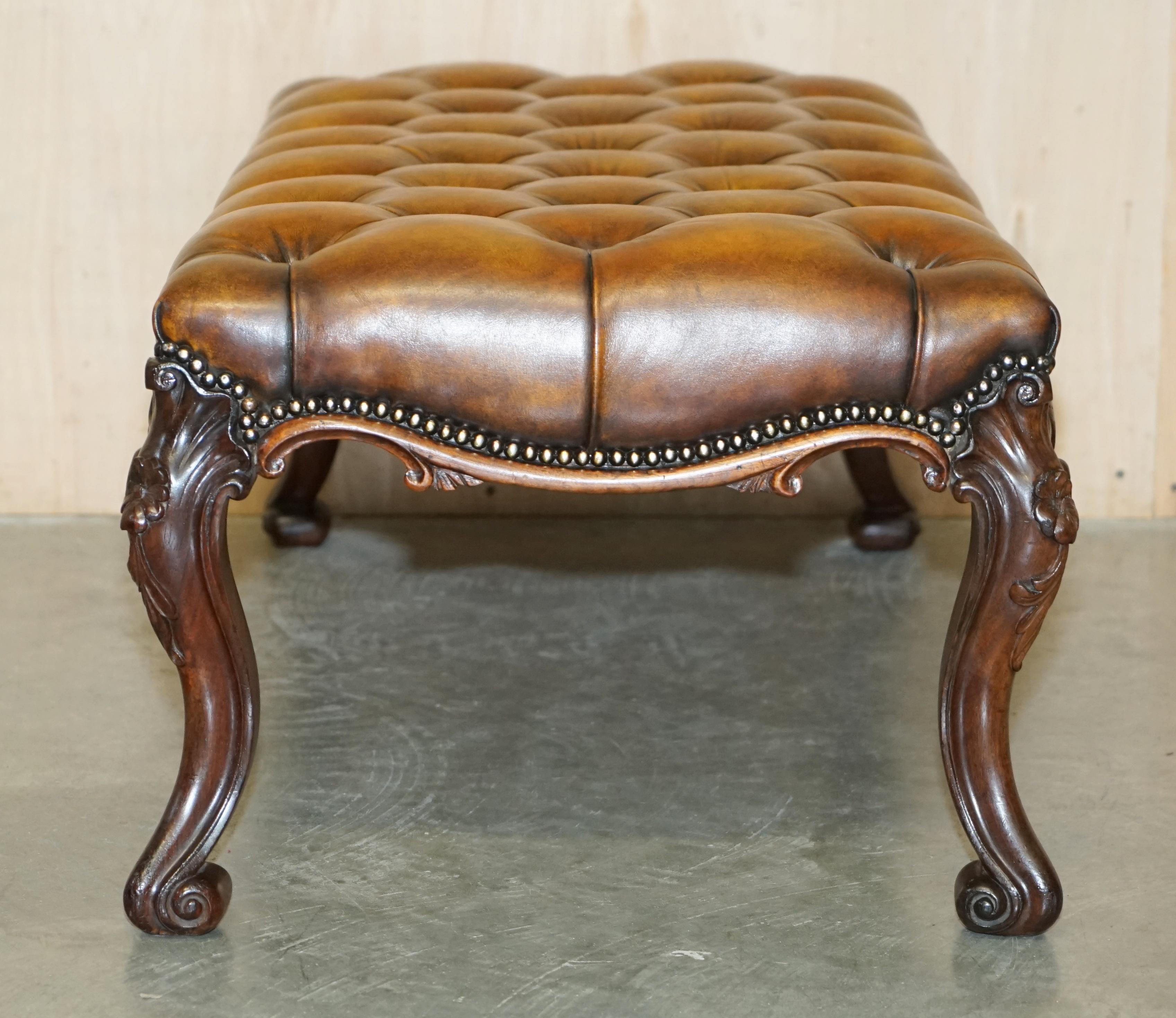 FINE ANTIQUE ViCTORIAN HARDWOOD SHOW FRAME CHESTERFIELD BROWN LEATHER FOOTSTOOL 10