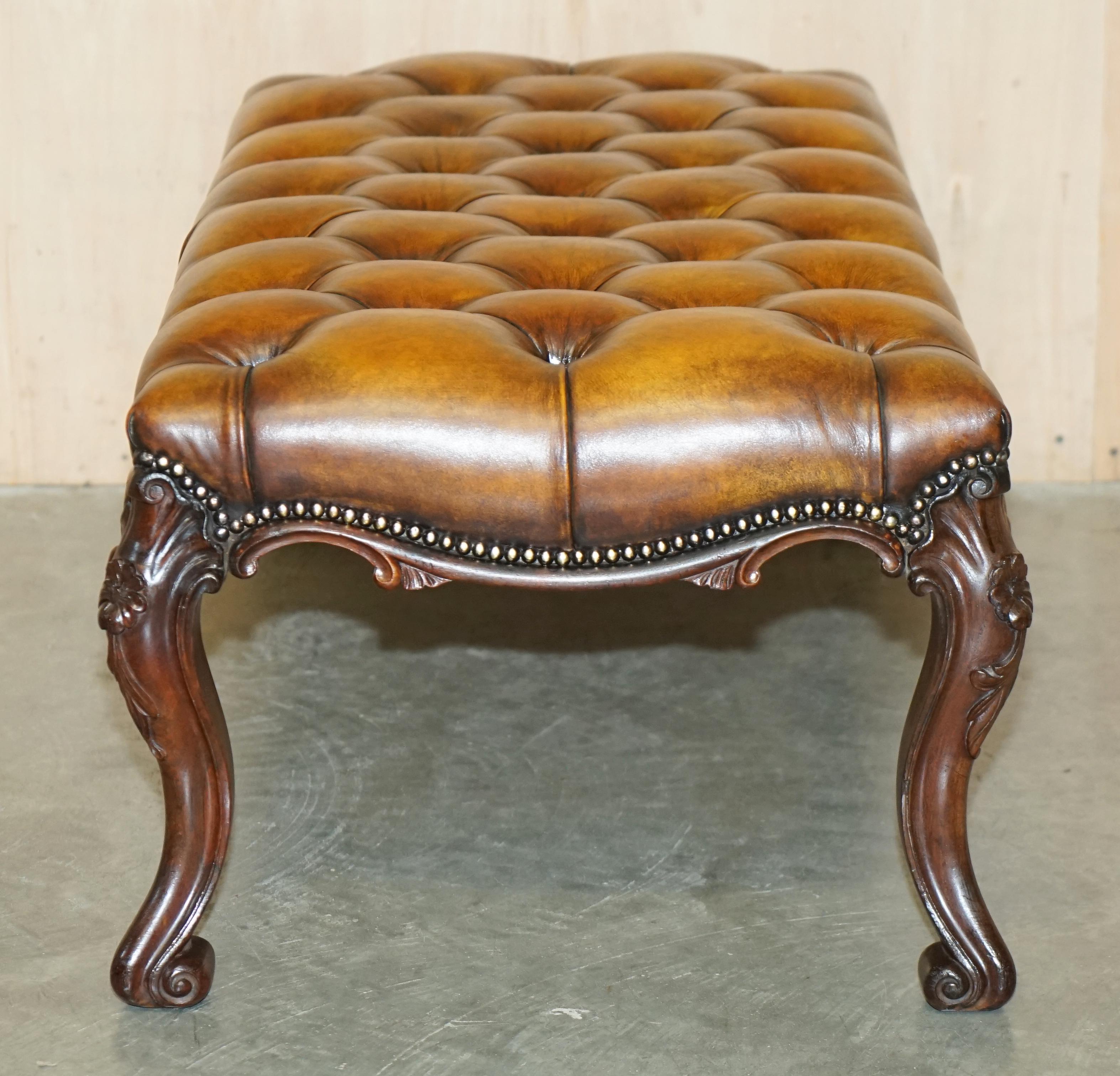 FINE ANTIQUE ViCTORIAN HARDWOOD SHOW FRAME CHESTERFIELD BROWN LEATHER FOOTSTOOL 12