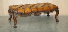 FINE ANTIQUE ViCTORIAN HARDWOOD SHOW FRAME CHESTERFIELD BROWN LEATHER FOOTSTOOL