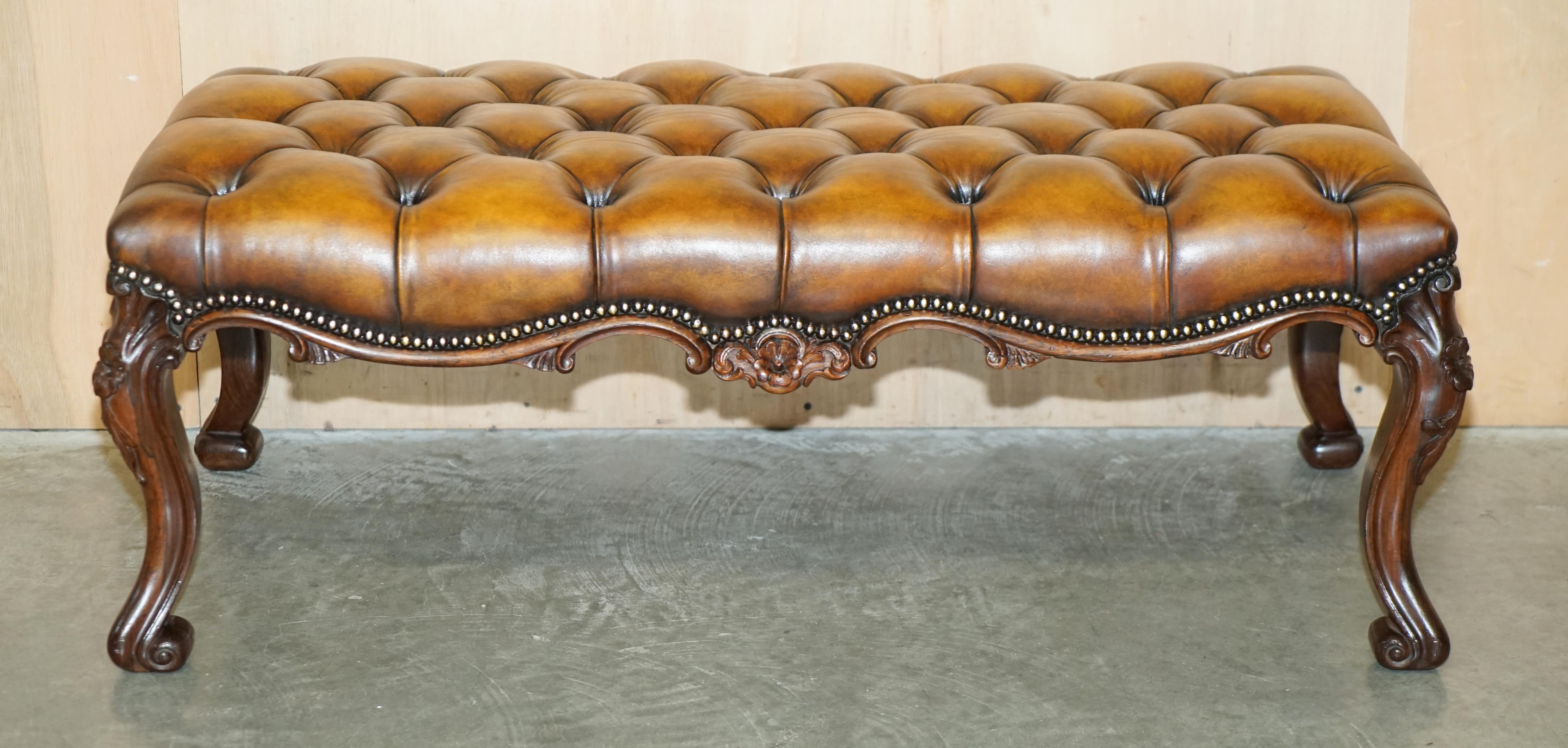 Victorian FINE ANTIQUE ViCTORIAN HARDWOOD SHOW FRAME CHESTERFIELD BROWN LEATHER FOOTSTOOL