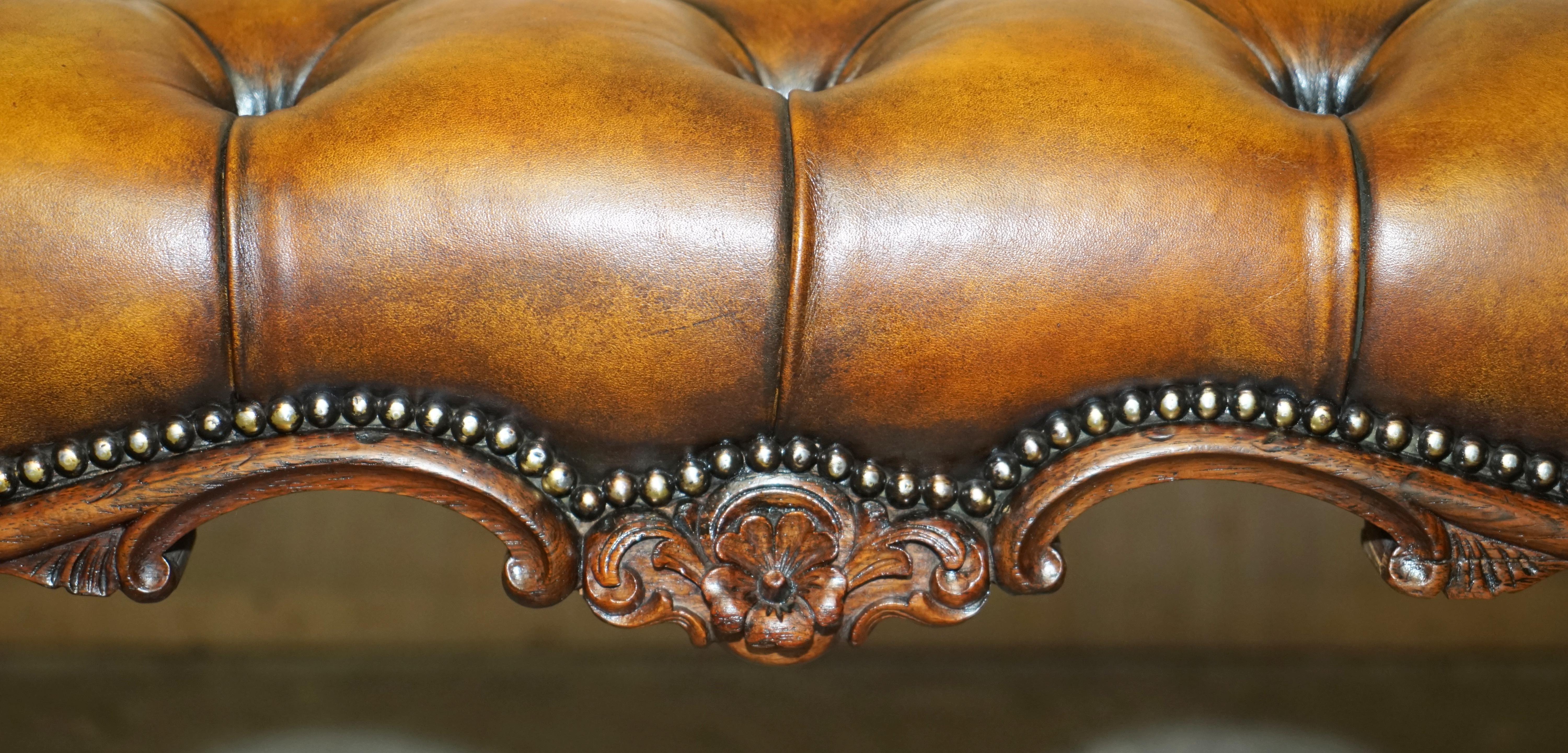FINE ANTIQUE ViCTORIAN HARDWOOD SHOW FRAME CHESTERFIELD BROWN LEATHER FOOTSTOOL 2