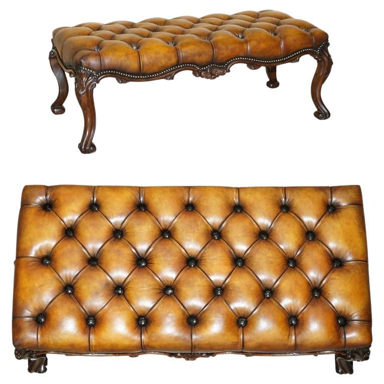 FINE ANTIQUE ViCTORIAN HARDWOOD SHOW FRAME CHESTERFIELD BROWN LEATHER FOOTSTOOL