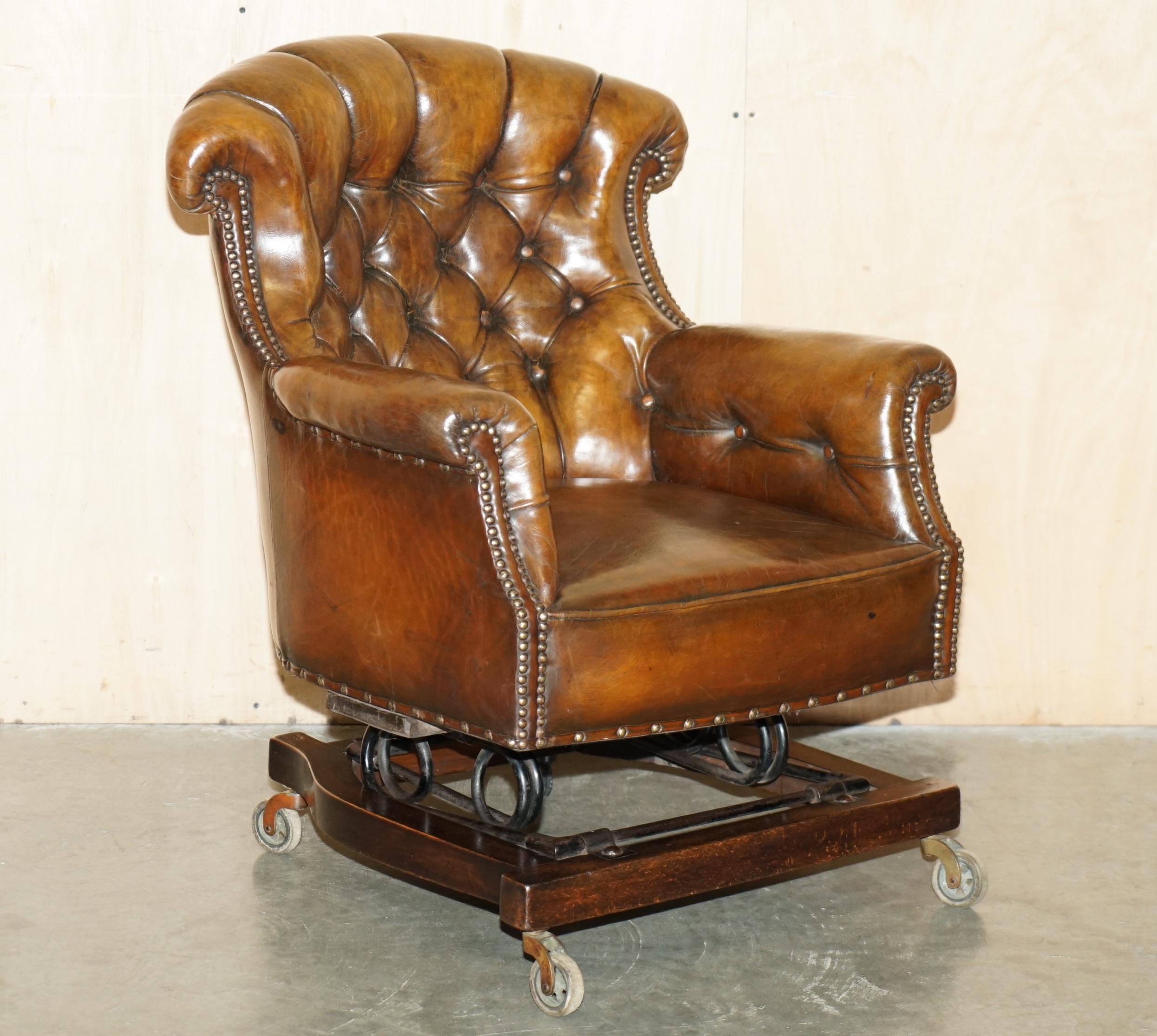Royal House Antiques

Royal House Antiques is delighted to offer for sale this lovely very rare circa 1850-1860 Harrington's Patent Cradle Spring armchair with hand dyed brown leather with Chesterfield tufting

Please note the delivery fee listed is