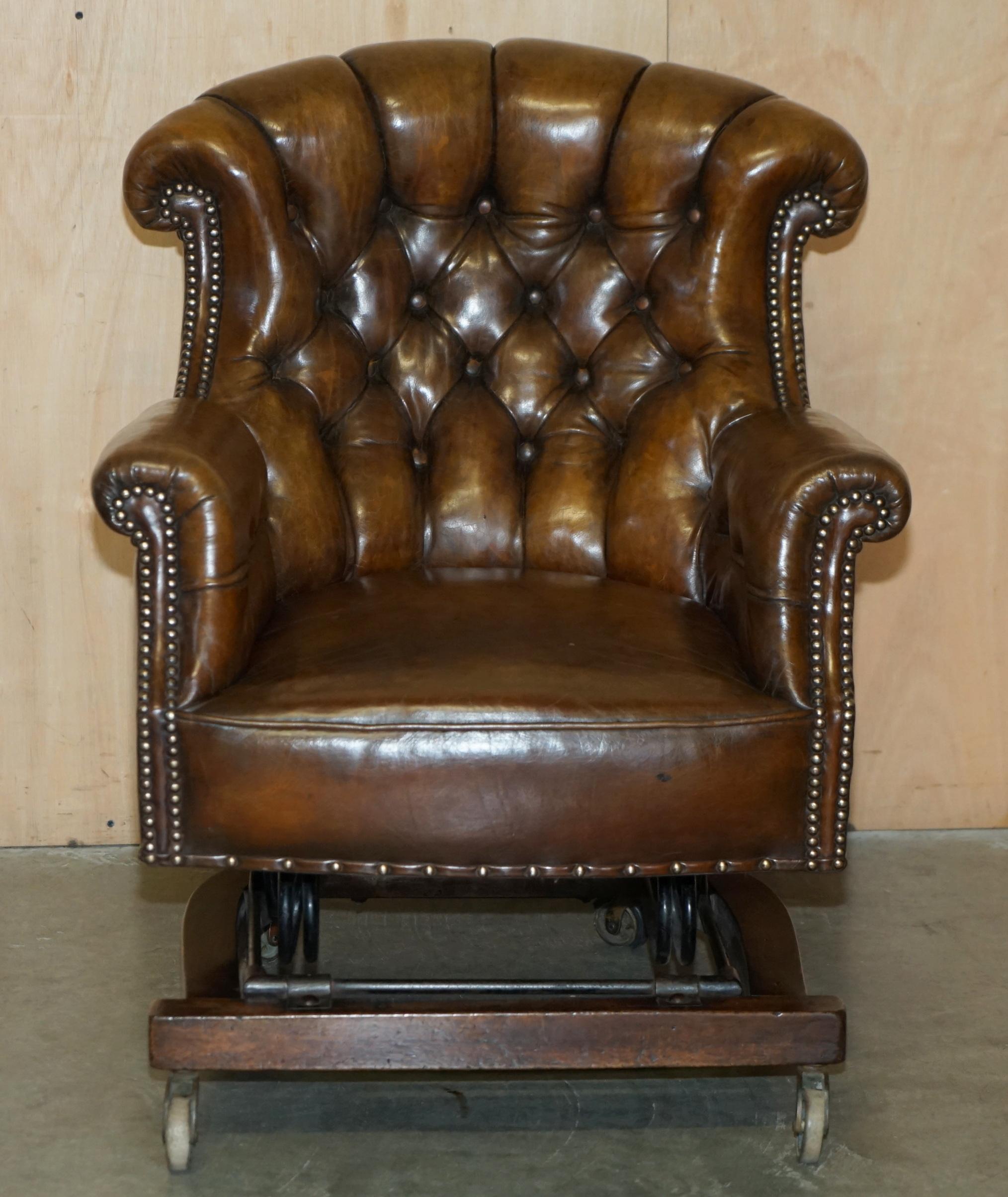 Early Victorian FINE ANTIQUE VICTORIAN HARRINGTON's CRADLE ROCKING CHESTERFIELD LEATHER ARMCHAIR For Sale