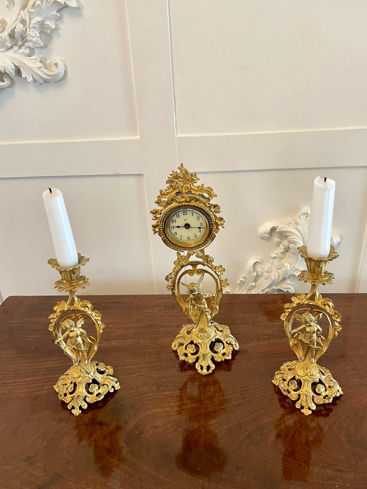 Other Fine Antique Victorian Ornate Gilded Clock Set For Sale