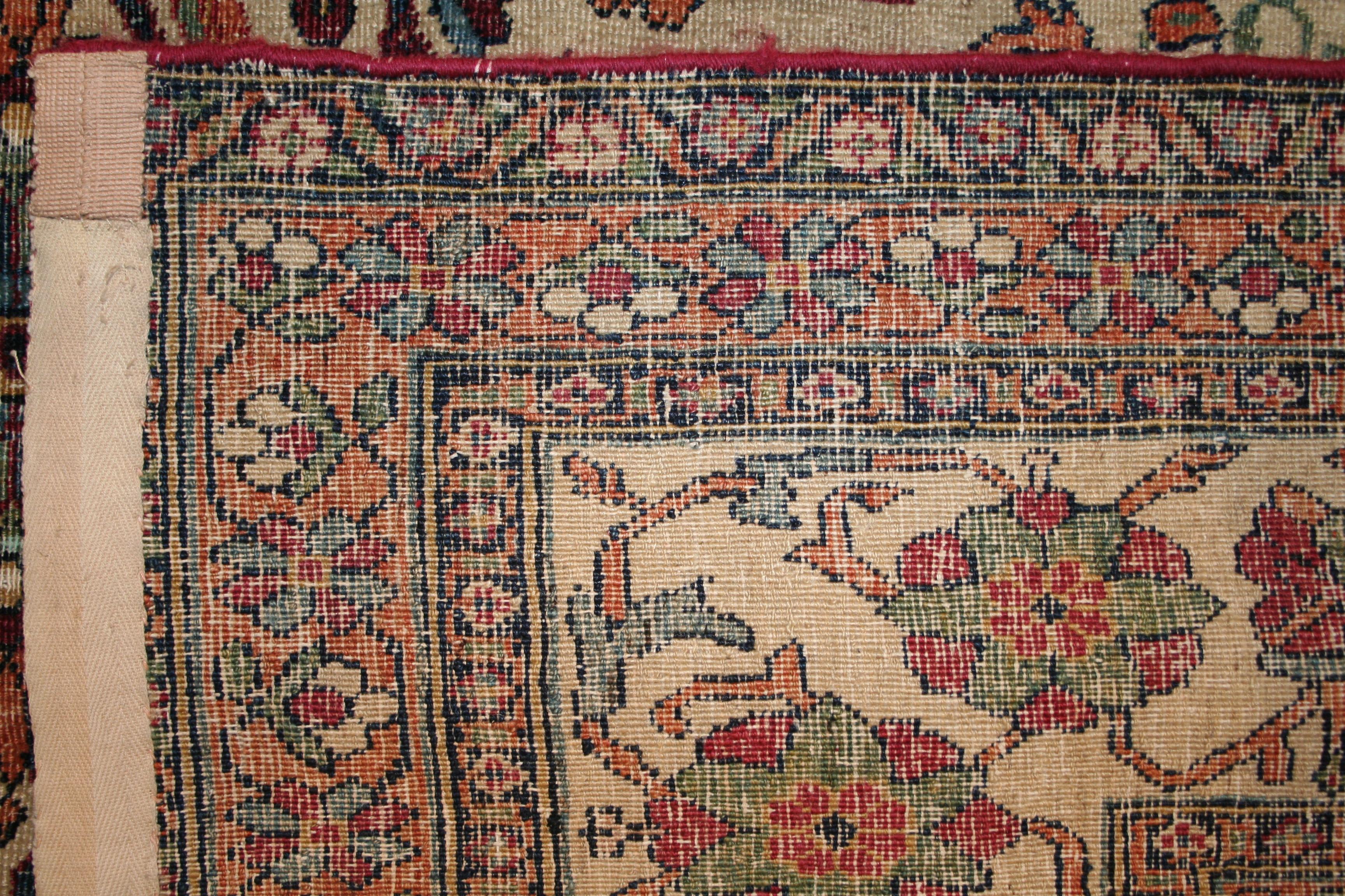 Hand-Knotted Fine Antique White Ground All-Over Design Lavar Kerman Rug in Rare Size  For Sale